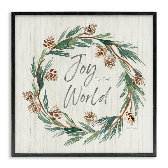 Stupell Industries Joy Pinecone Wreath Holiday Painting Black Framed Art Prints Wall Art, 12 x 12
