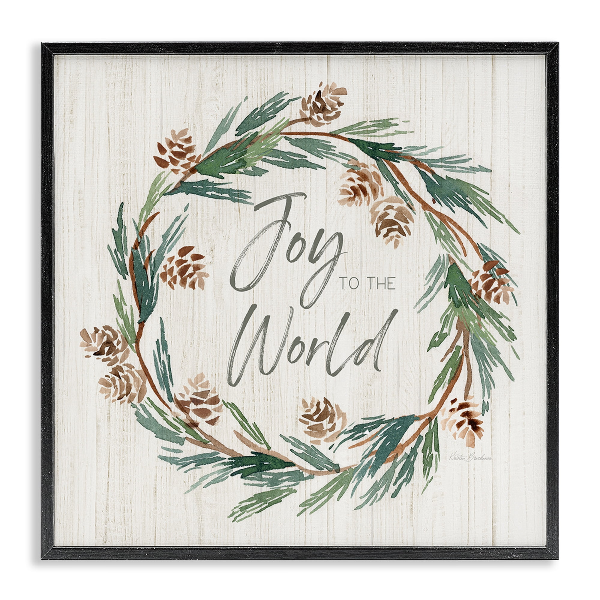 Stupell Industries Joy Pinecone Wreath Holiday Painting Black Framed Art Prints Wall Art, 24 x 24