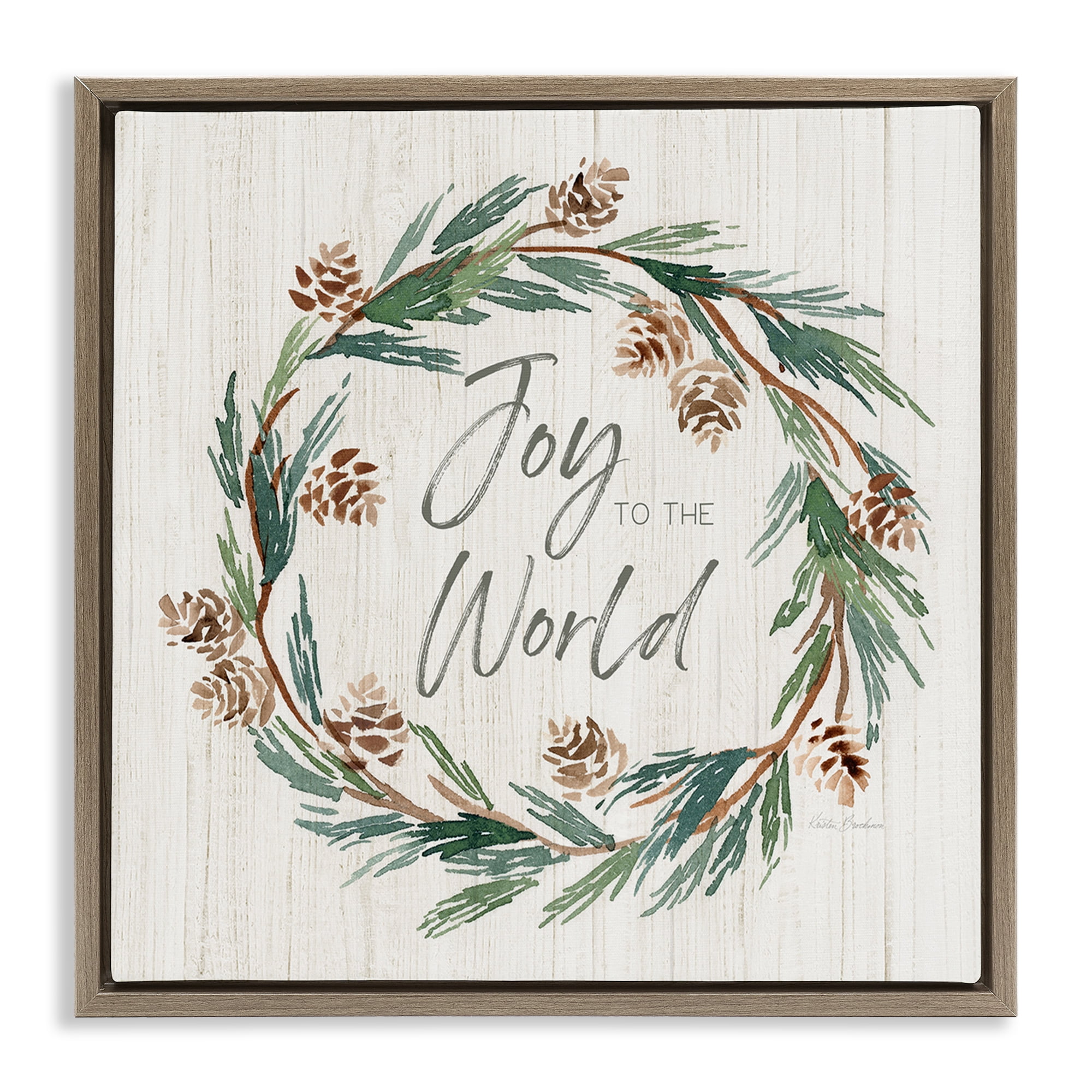 Stupell Industries Joy Pinecone Wreath Holiday Painting Brown Floater Framed Canvas Art Prints Wall Art, 18 x 18