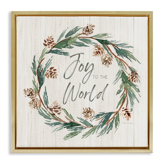 Stupell Industries Joy Pinecone Wreath Holiday Painting Gold Floater Framed Canvas Art Prints Wall Art, 18 x 18