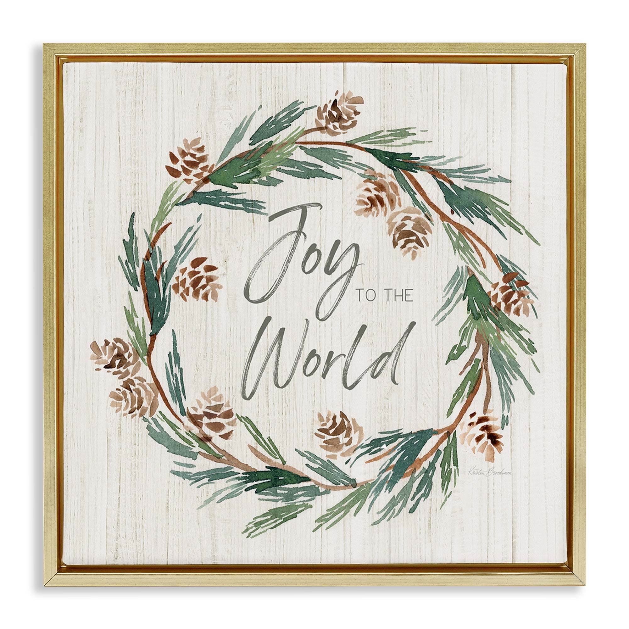 Stupell Industries Joy Pinecone Wreath Holiday Painting Gold Floater Framed Canvas Art Prints Wall Art, 25 x 25