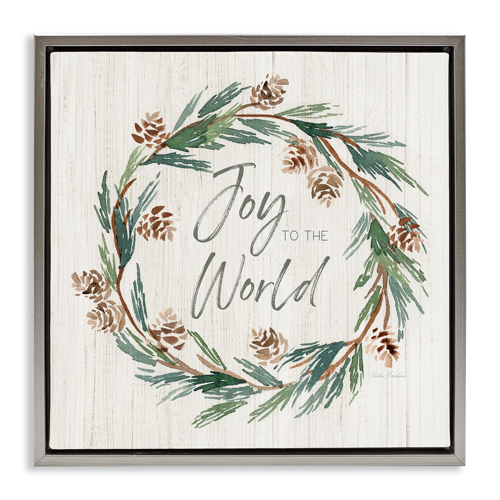 Stupell Industries Joy Pinecone Wreath Holiday Painting Gray Floater Framed Canvas Art Prints Wall Art, 25 x 25