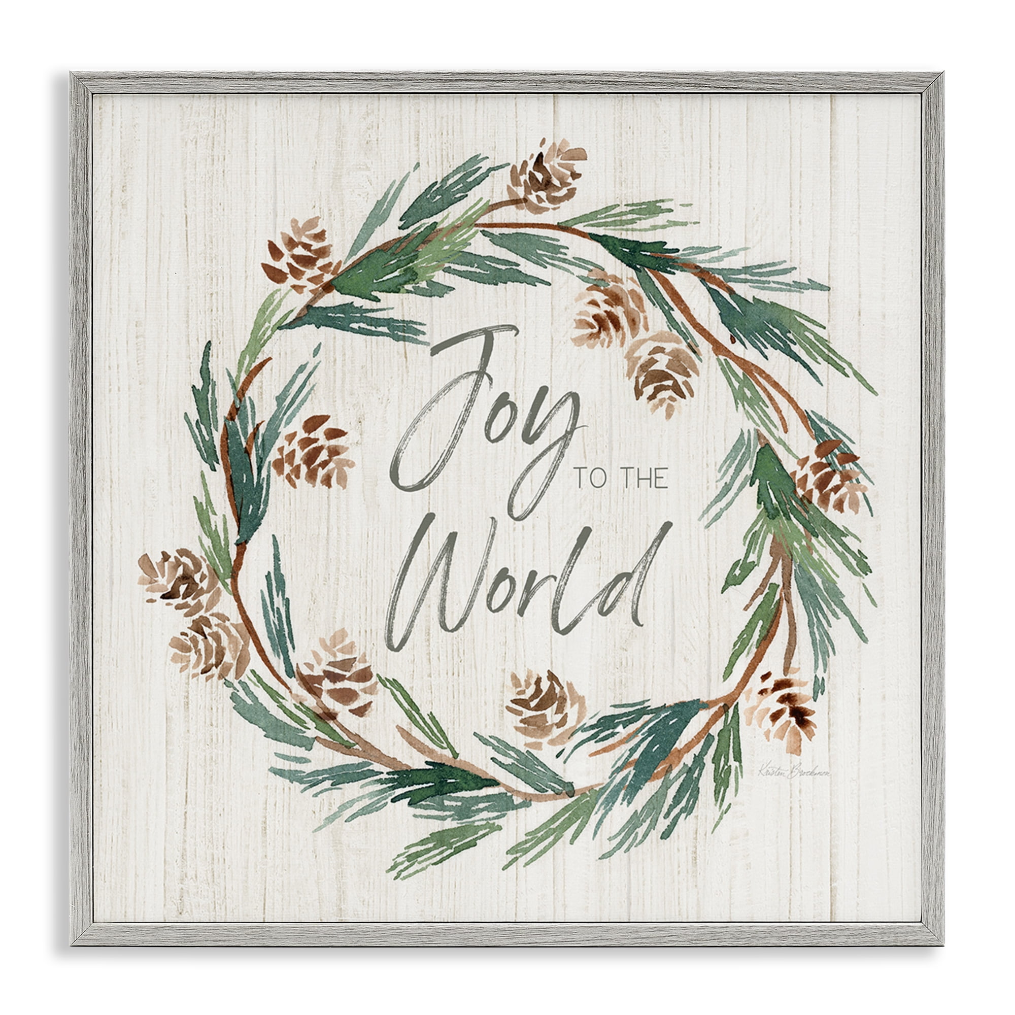 Stupell Industries Joy Pinecone Wreath Holiday Painting Gray Framed Art Prints Wall Art, 24 x 24