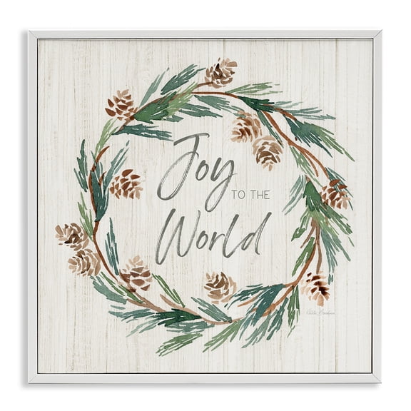 Stupell Industries Joy Pinecone Wreath Holiday Painting White Framed Art Prints Wall Art, 17 x 17