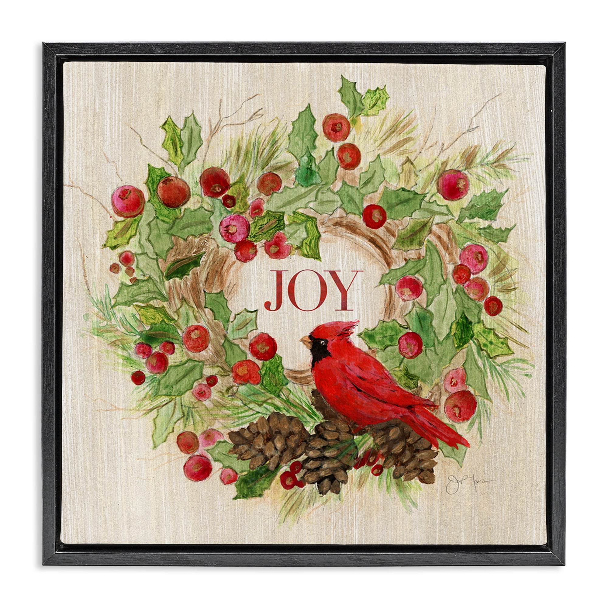 Stupell Industries Joy Rustic Winter Wreath Holiday Painting Black Floater Framed Canvas Art Prints Wall Art, 18 x 18