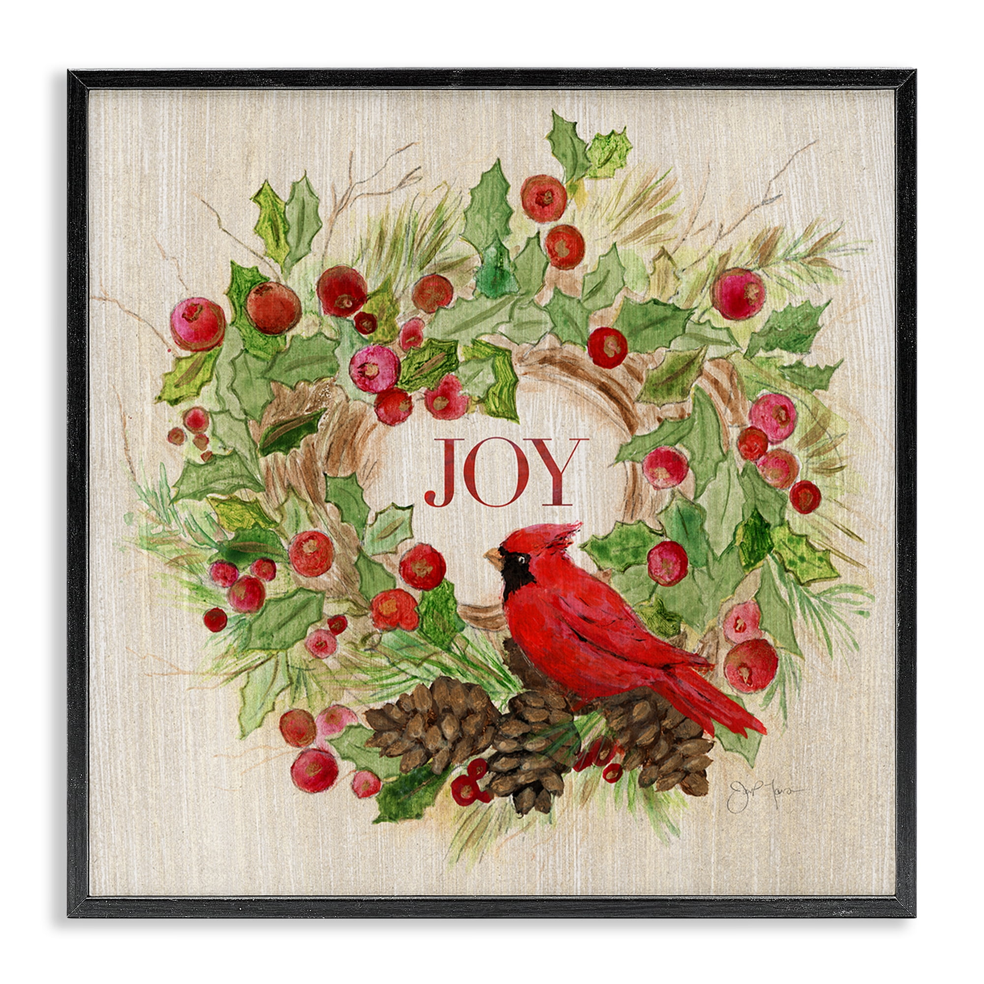Stupell Industries Joy Rustic Winter Wreath Holiday Painting Black Framed Art Prints Wall Art, 24 x 24