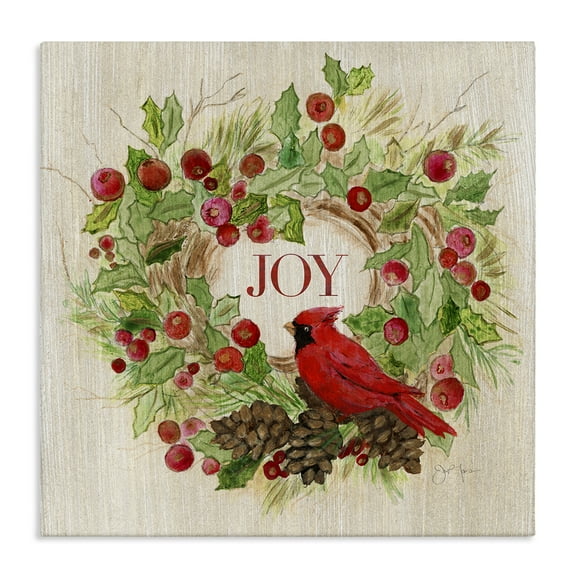 Stupell Industries Joy Rustic Winter Wreath Holiday Painting Gallery Wrapped Canvas Art Prints Wall Art, 17 x 17