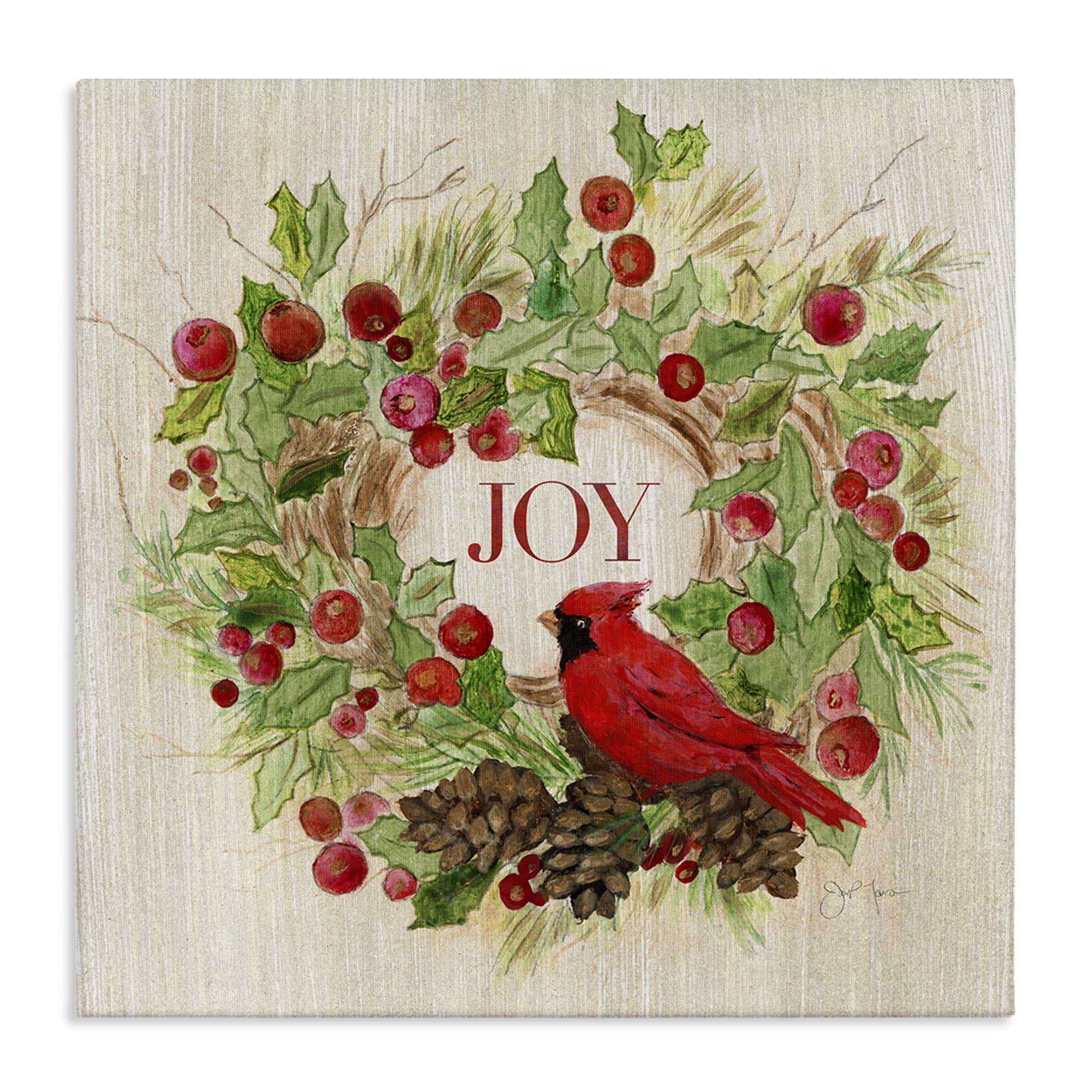 Stupell Industries Joy Rustic Winter Wreath Holiday Painting Gallery Wrapped Canvas Art Prints Wall Art, 30 x 30