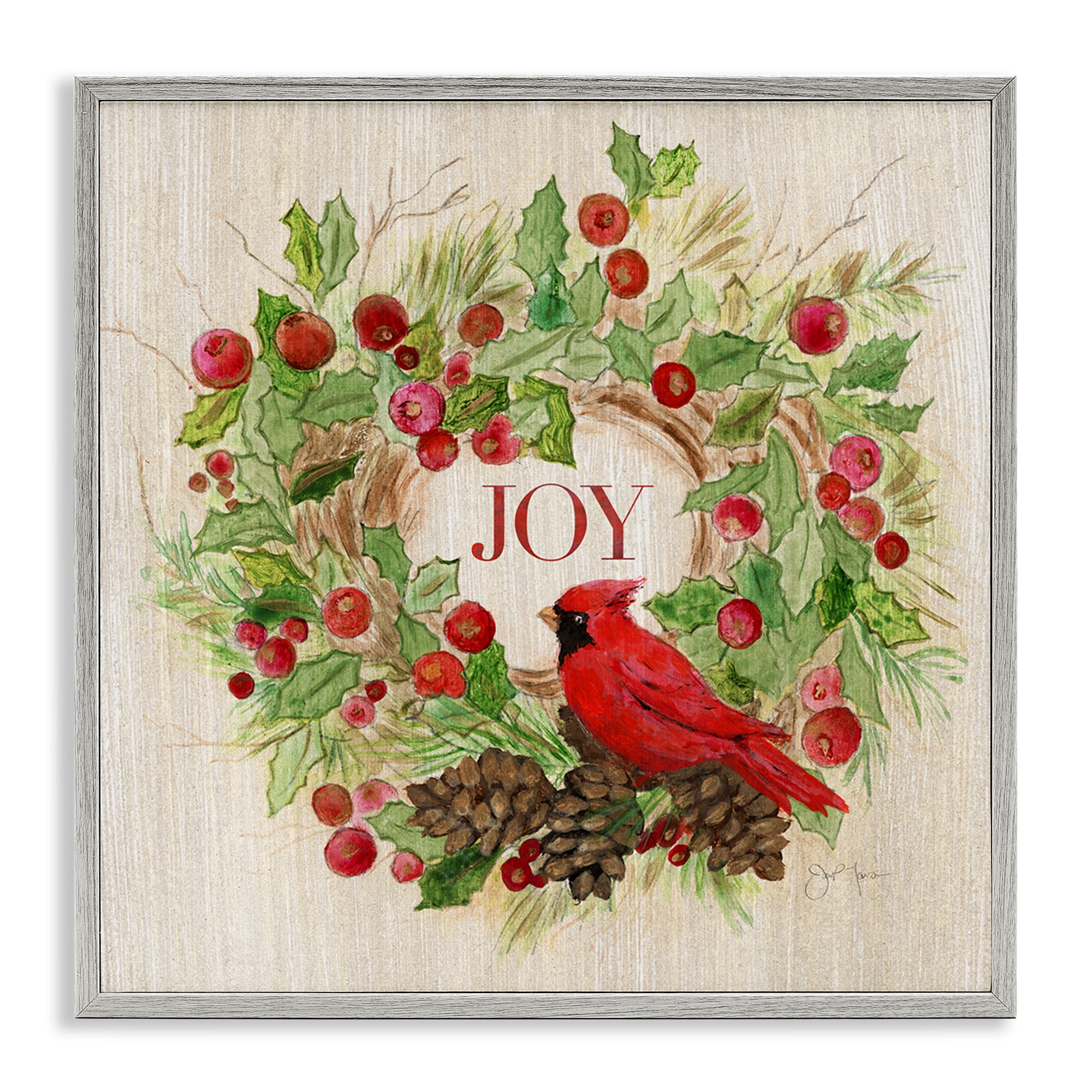 Stupell Industries Joy Rustic Winter Wreath Holiday Painting Gray Framed Art Prints Wall Art, 24 x 24