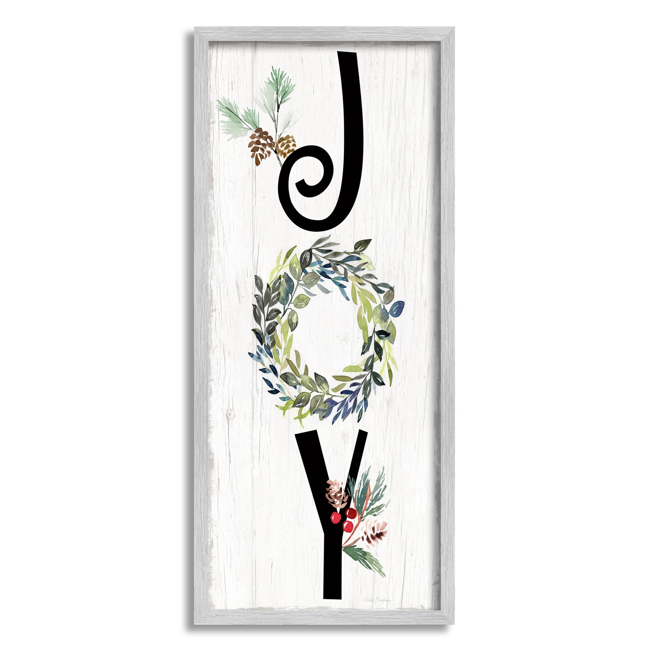 Stupell Industries Joy Seasonal Botanical Wreath Graphic Art Gray Framed Art Print Wall Art, Design by Kristen Brockmon