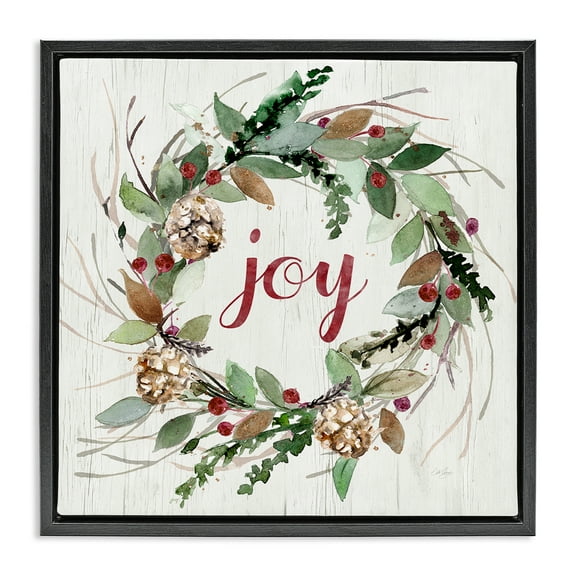 Stupell Industries Joy Seasonal Wreath Botanical & Floral Painting Black Floater Framed Canvas Art Prints Wall Art, 18 x 18