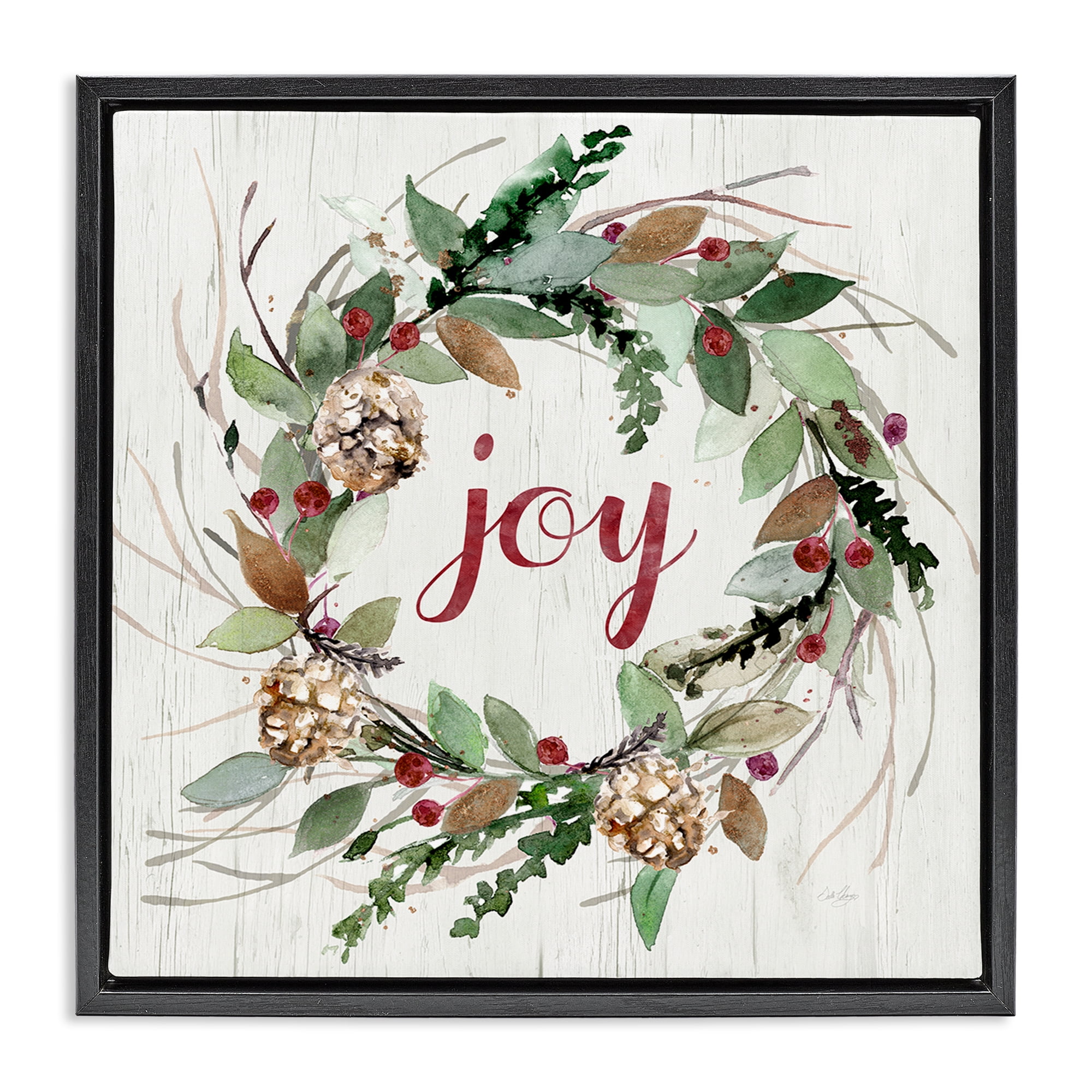 Stupell Industries Joy Seasonal Wreath Botanical & Floral Painting Black Floater Framed Canvas Art Prints Wall Art, 25 x 25