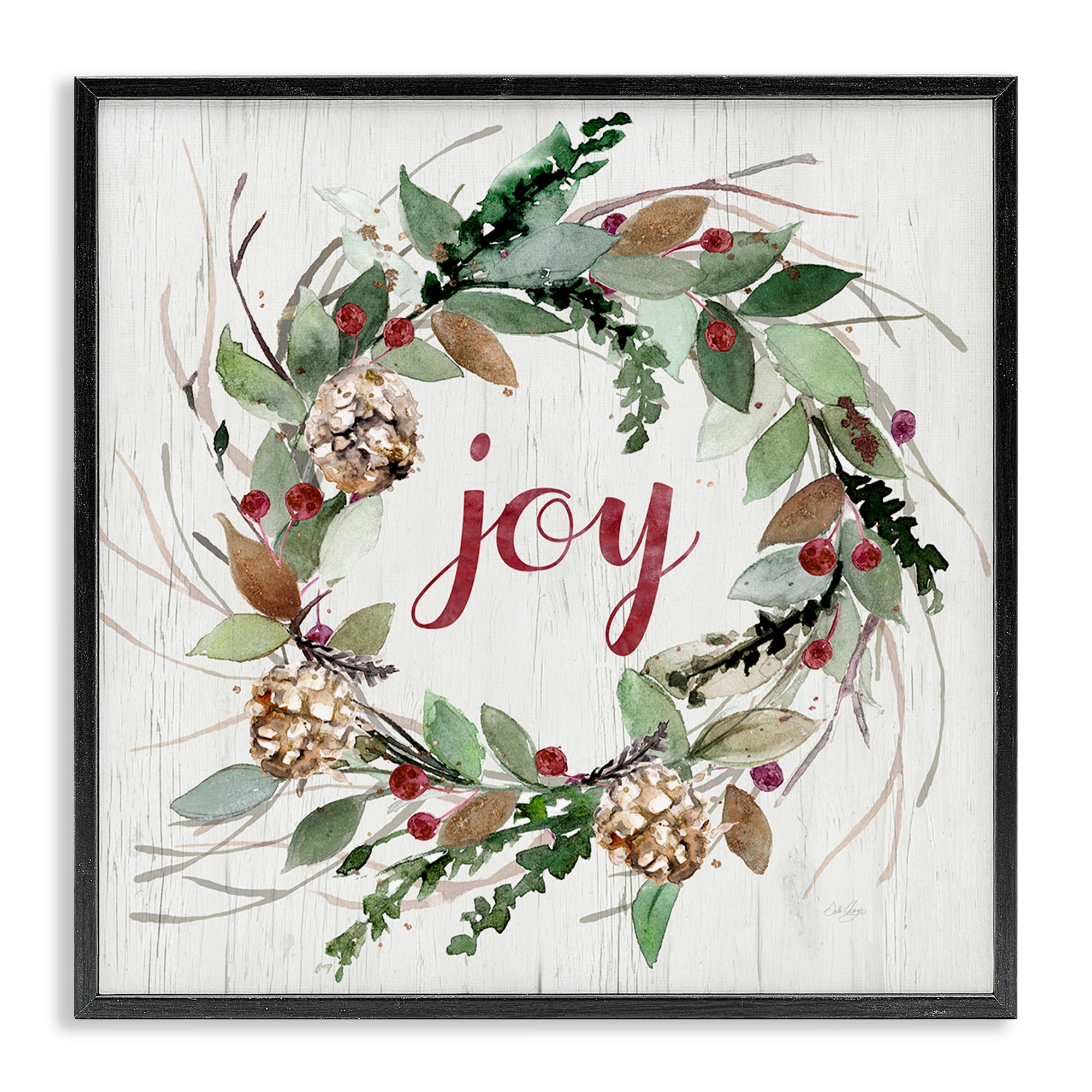 Stupell Industries Joy Seasonal Wreath Botanical & Floral Painting Black Framed Art Prints Wall Art, 17 x 17