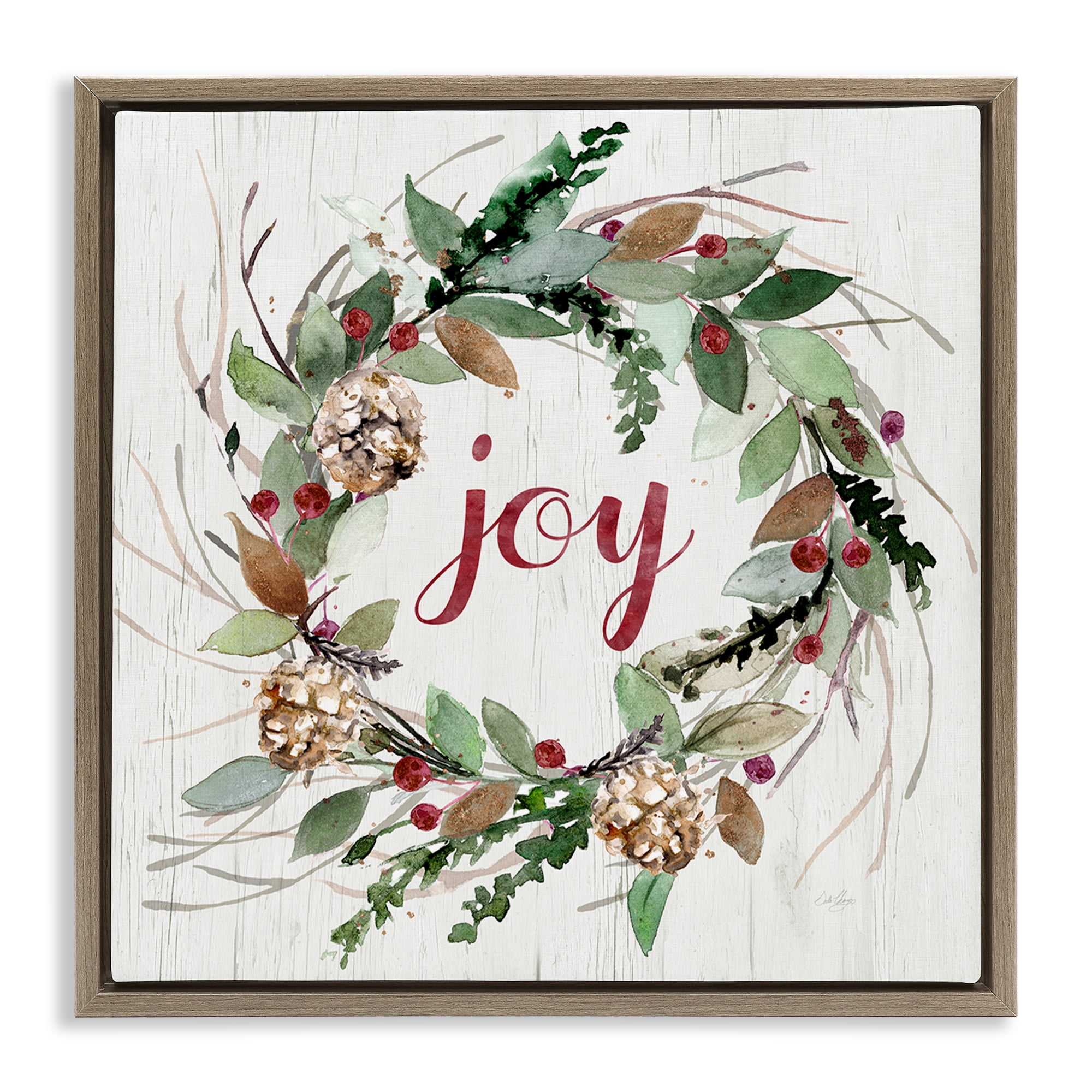 Stupell Industries Joy Seasonal Wreath Botanical & Floral Painting Brown Floater Framed Canvas Art Prints Wall Art, 25 x 25