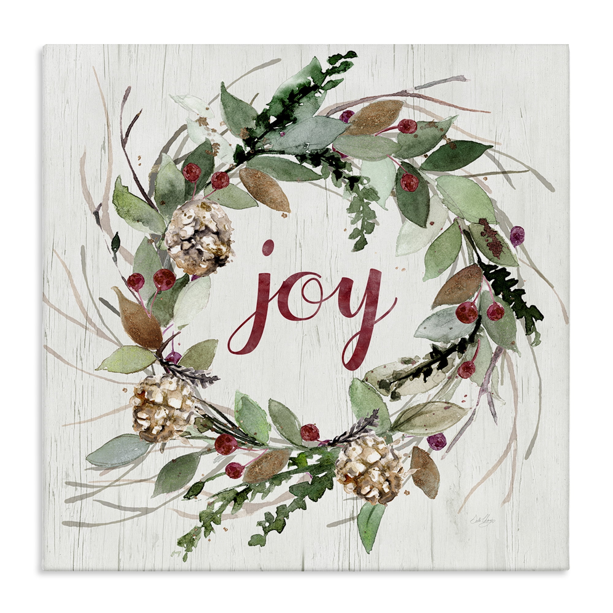 Stupell Industries Joy Seasonal Wreath Botanical & Floral Painting Gallery Wrapped Canvas Art Prints Wall Art, 24 x 24