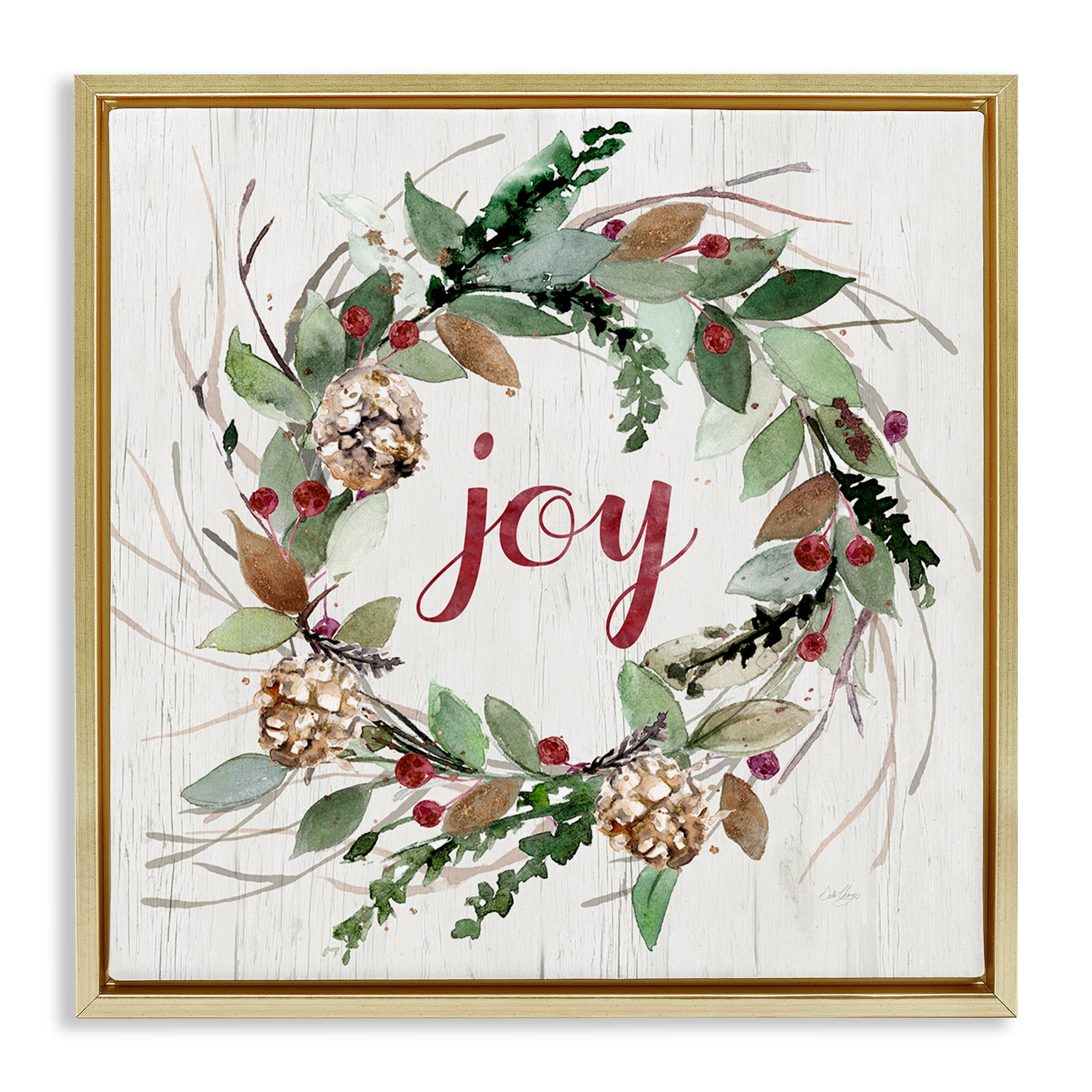 Stupell Industries Joy Seasonal Wreath Botanical & Floral Painting Gold Floater Framed Canvas Art Prints Wall Art, 18 x 18