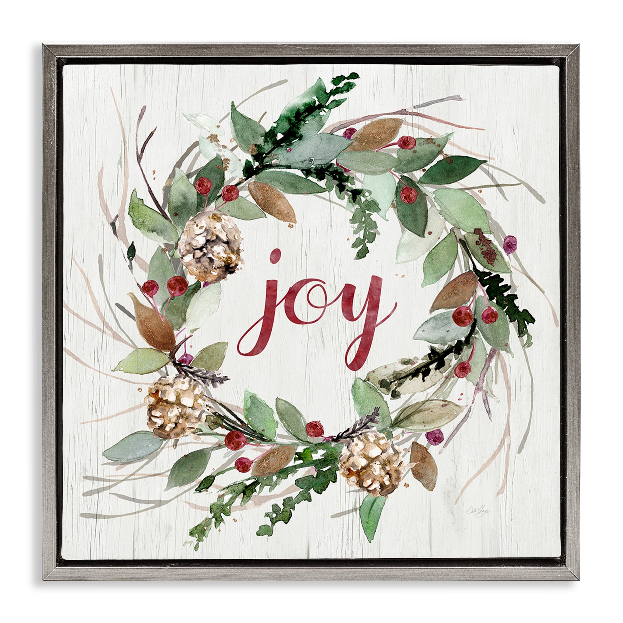 Stupell Industries Joy Seasonal Wreath Botanical & Floral Painting Gray Floater Framed Canvas Art Prints Wall Art, 25 x 25