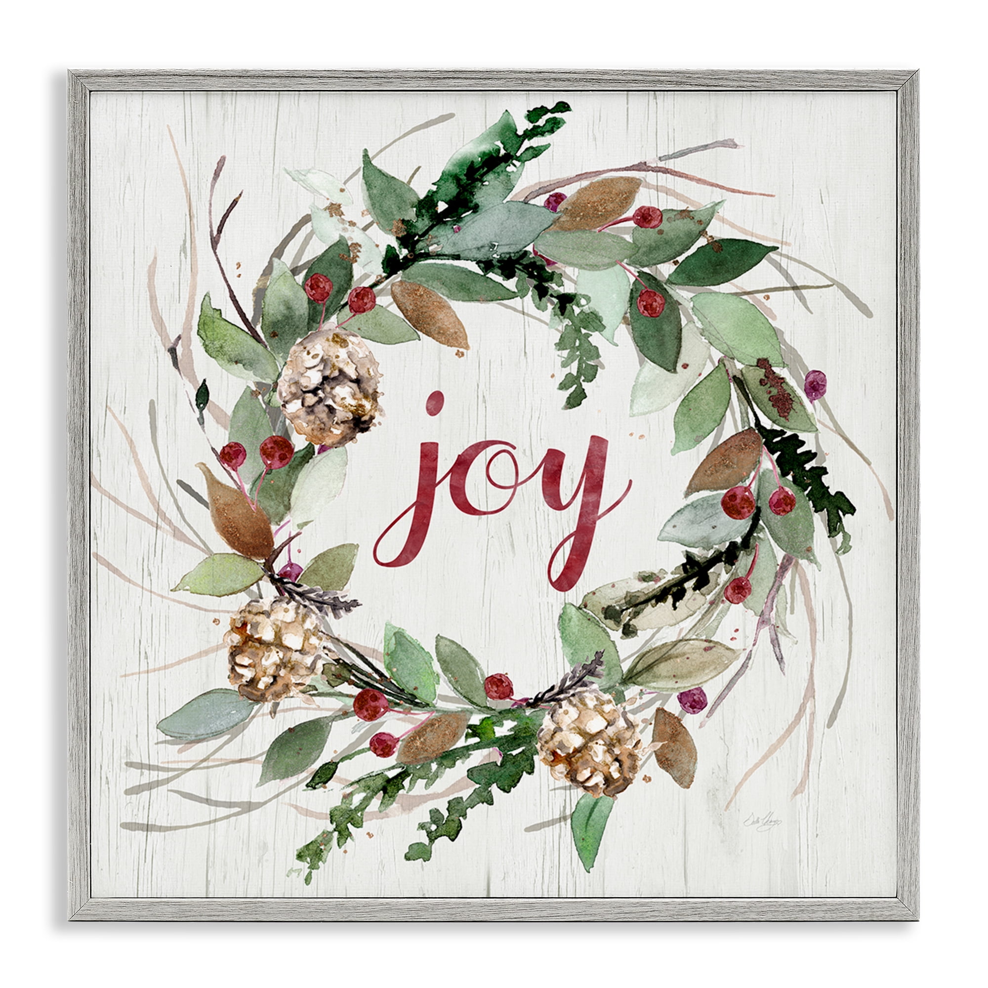 Stupell Industries Joy Seasonal Wreath Botanical & Floral Painting Gray Framed Art Prints Wall Art, 17 x 17