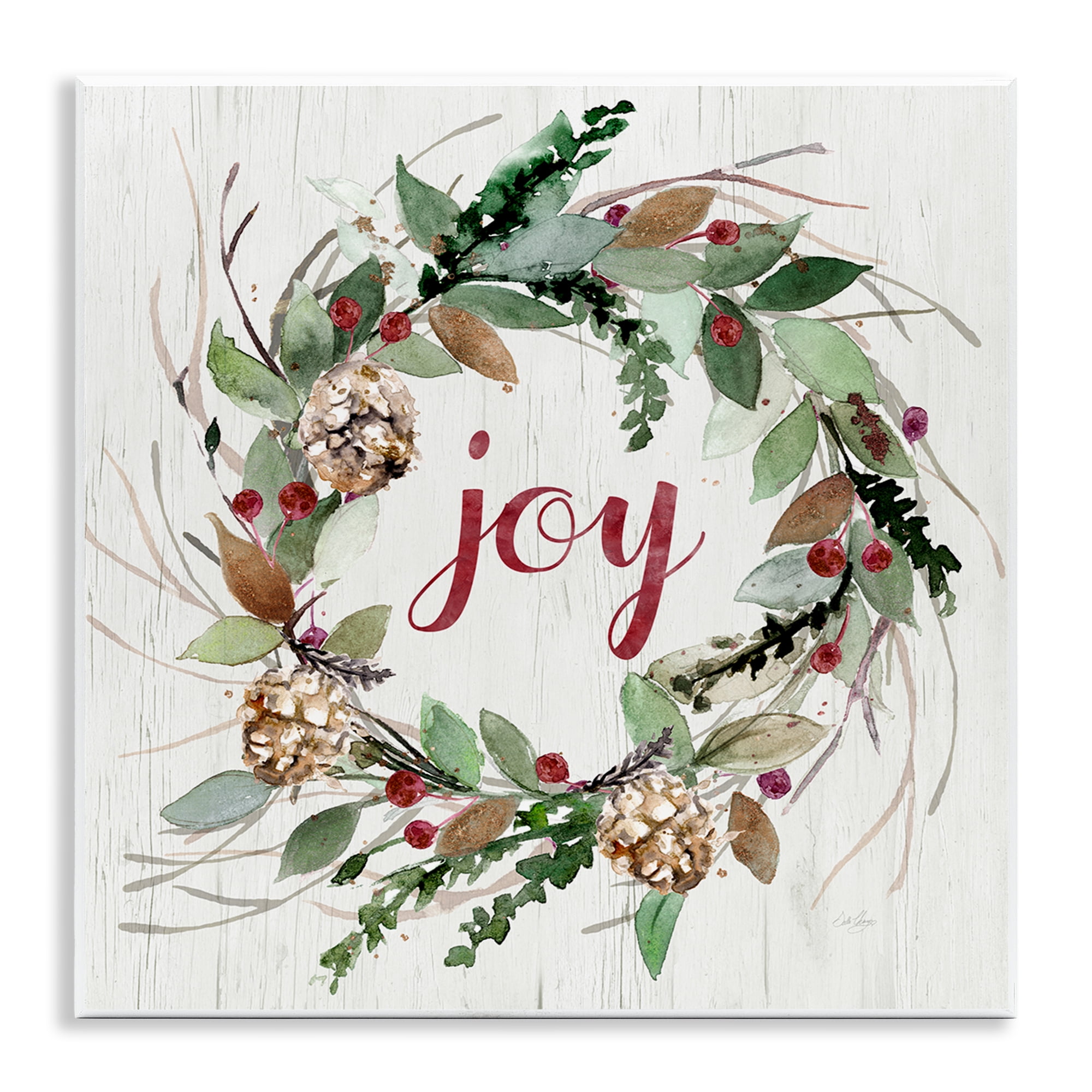 Stupell Industries Joy Seasonal Wreath Botanical & Floral Painting Unframed Art Prints Wall Art, 12 x 12