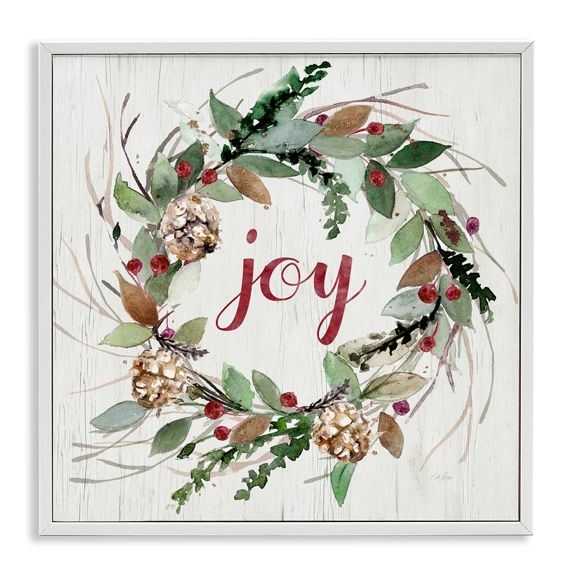 Stupell Industries Joy Seasonal Wreath Botanical & Floral Painting White Framed Art Prints Wall Art, 17 x 17