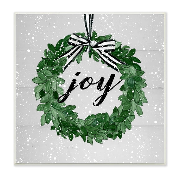 Stupell Industries Joy Sentiment Green Winter Leaf Wreath Snow Pattern, 12 x 12,Design by Carol Robinson