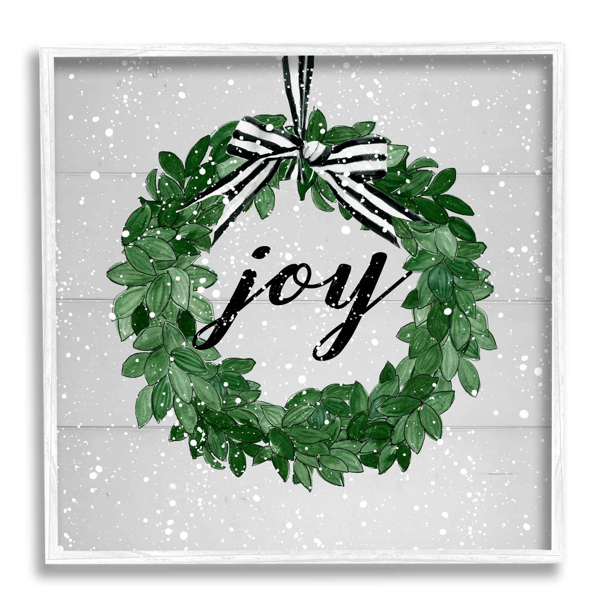 Stupell Industries Joy Sentiment Green Winter Leaf Wreath Snow Pattern, 24 x 24,Design by Carol Robinson