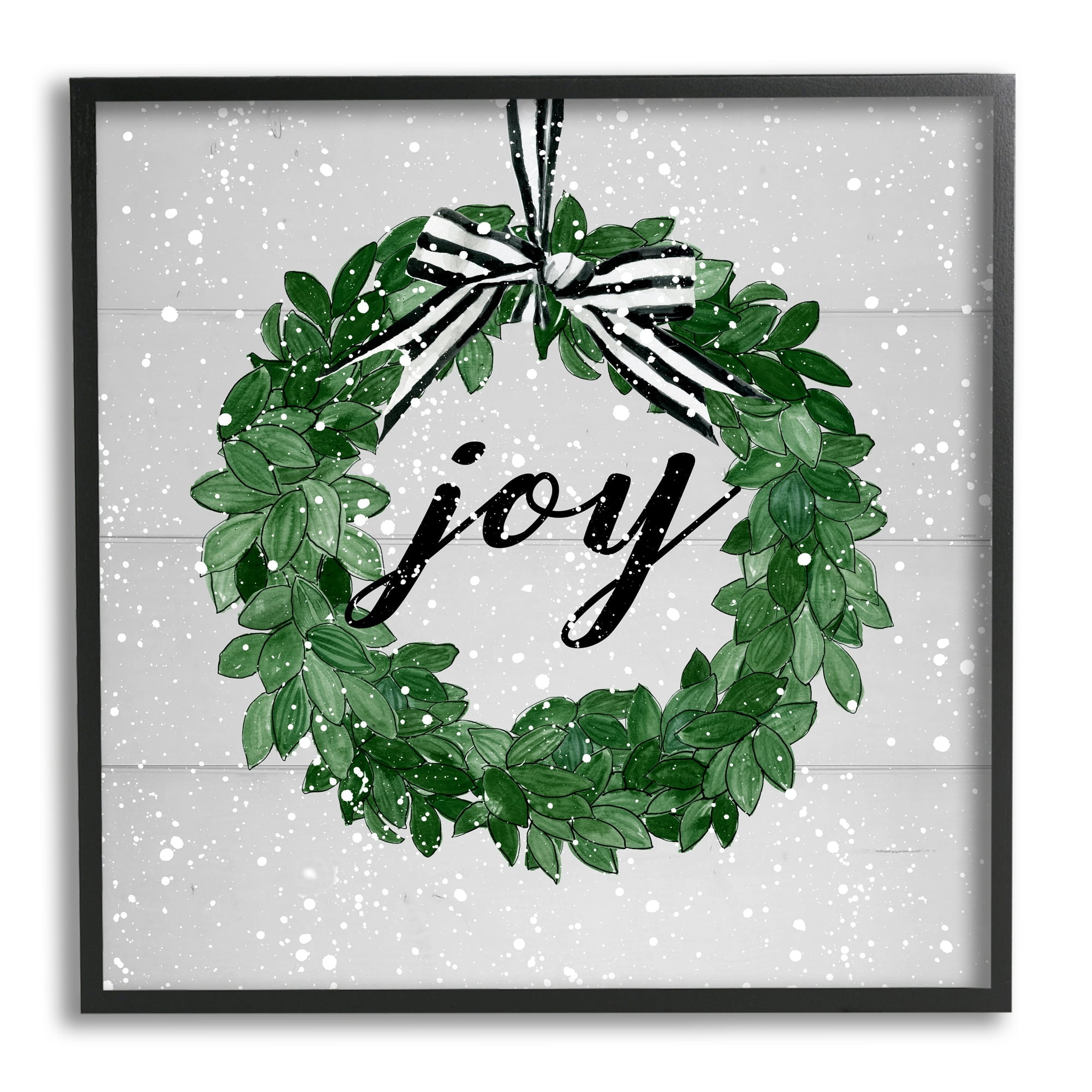 Stupell Industries Joy Sentiment Green Winter Leaf Wreath Snow Pattern Graphic Art Black Framed Art Print Wall Art, 12x12, by Carol Robinson