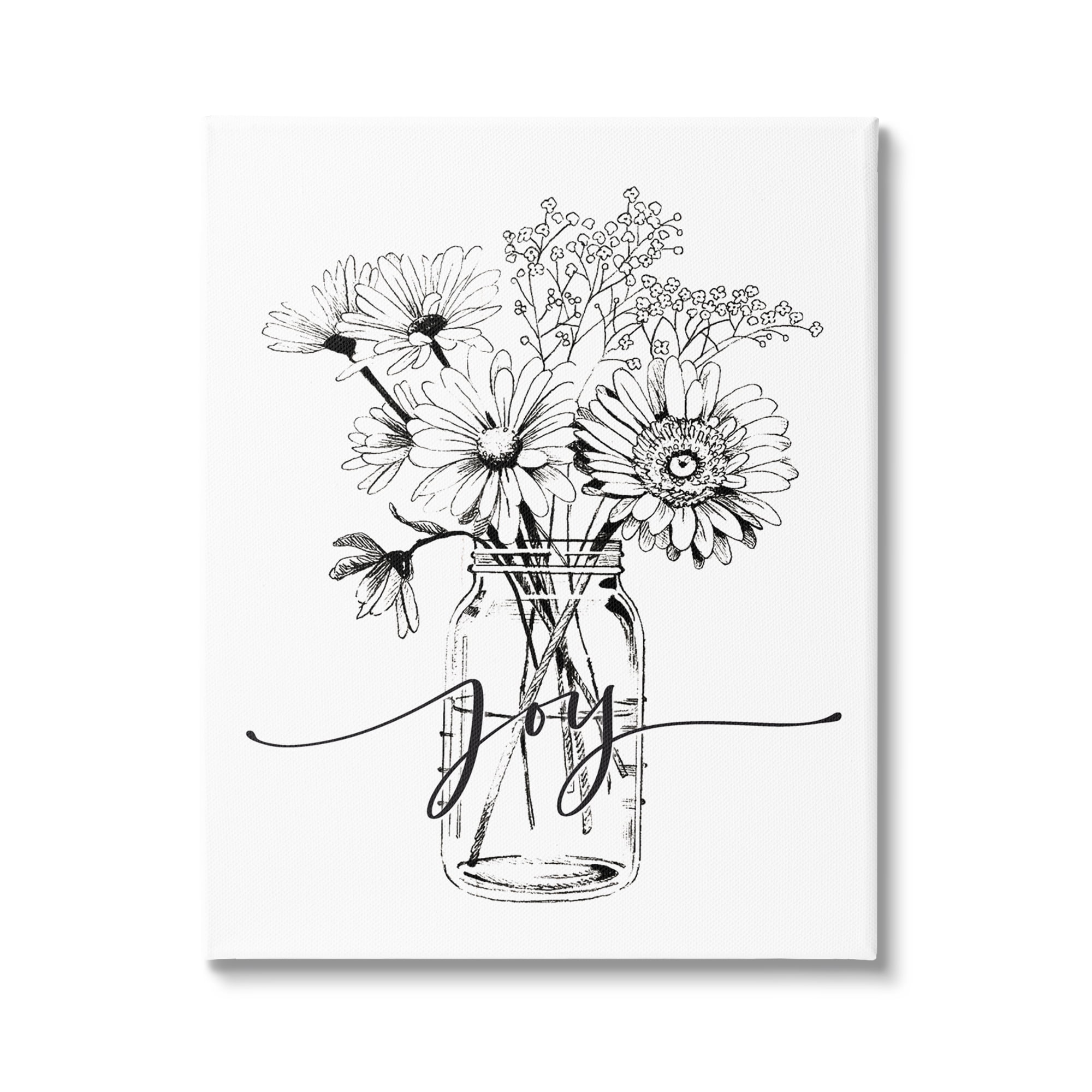 Stupell Industries Joy Text Daisies Bouquet Detailed Line Design Graphic Art Gallery Wrapped Canvas Print Wall Art, Design by Lettered and Lined