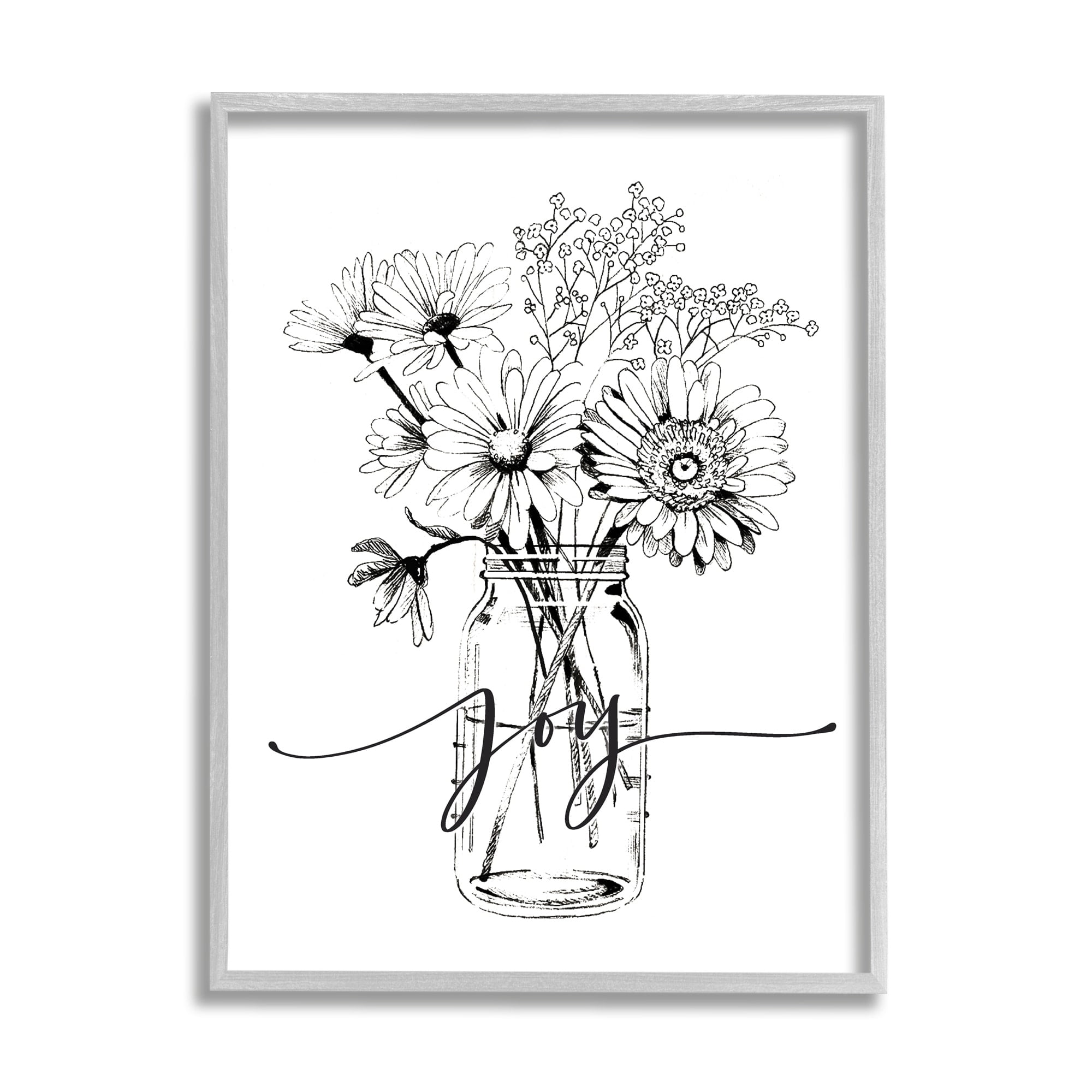Stupell Industries Joy Text Daisies Bouquet Detailed Line Design Graphic Art Gray Framed Art Print Wall Art, Design by Lettered and Lined