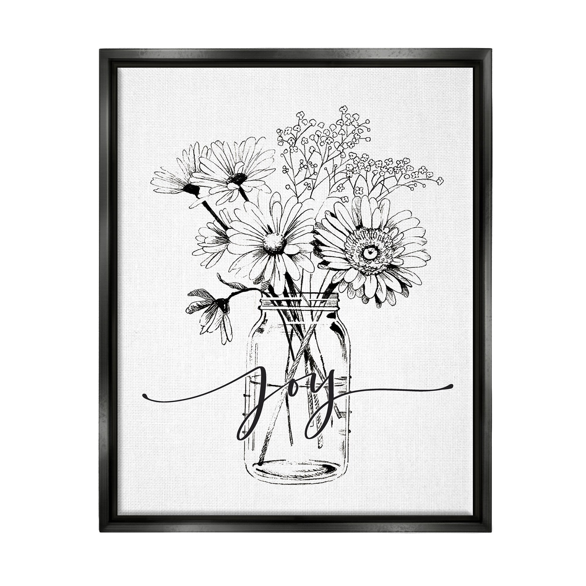 Stupell Industries Joy Text Daisies Bouquet Detailed Line Design Graphic Art Jet Black Floating Framed Canvas Print Wall Art, Design by Lettered and Lined