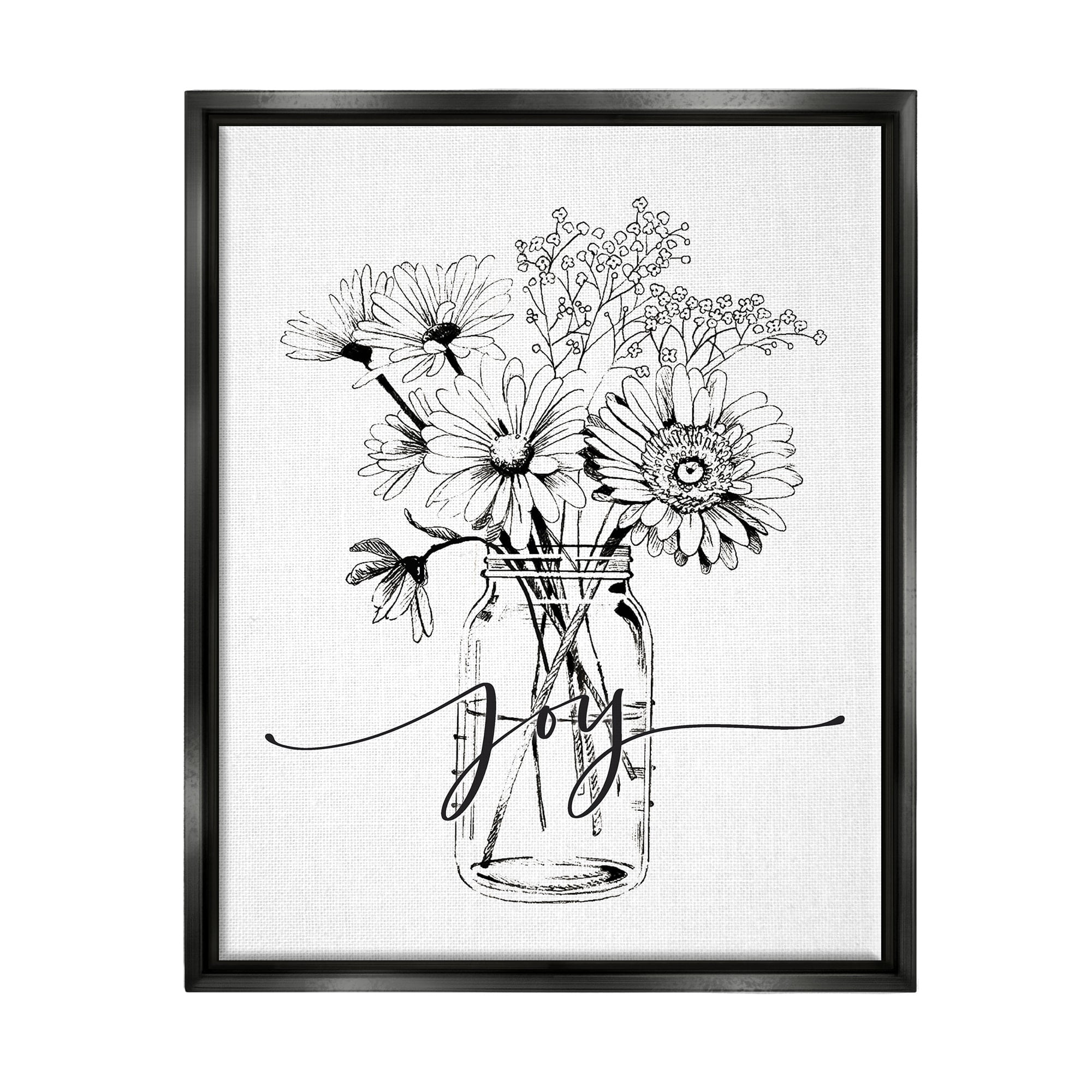 Stupell Industries Joy Text Daisies Bouquet Detailed Line Design Graphic Art Jet Black Floating Framed Canvas Print Wall Art, Design by Lettered and Lined