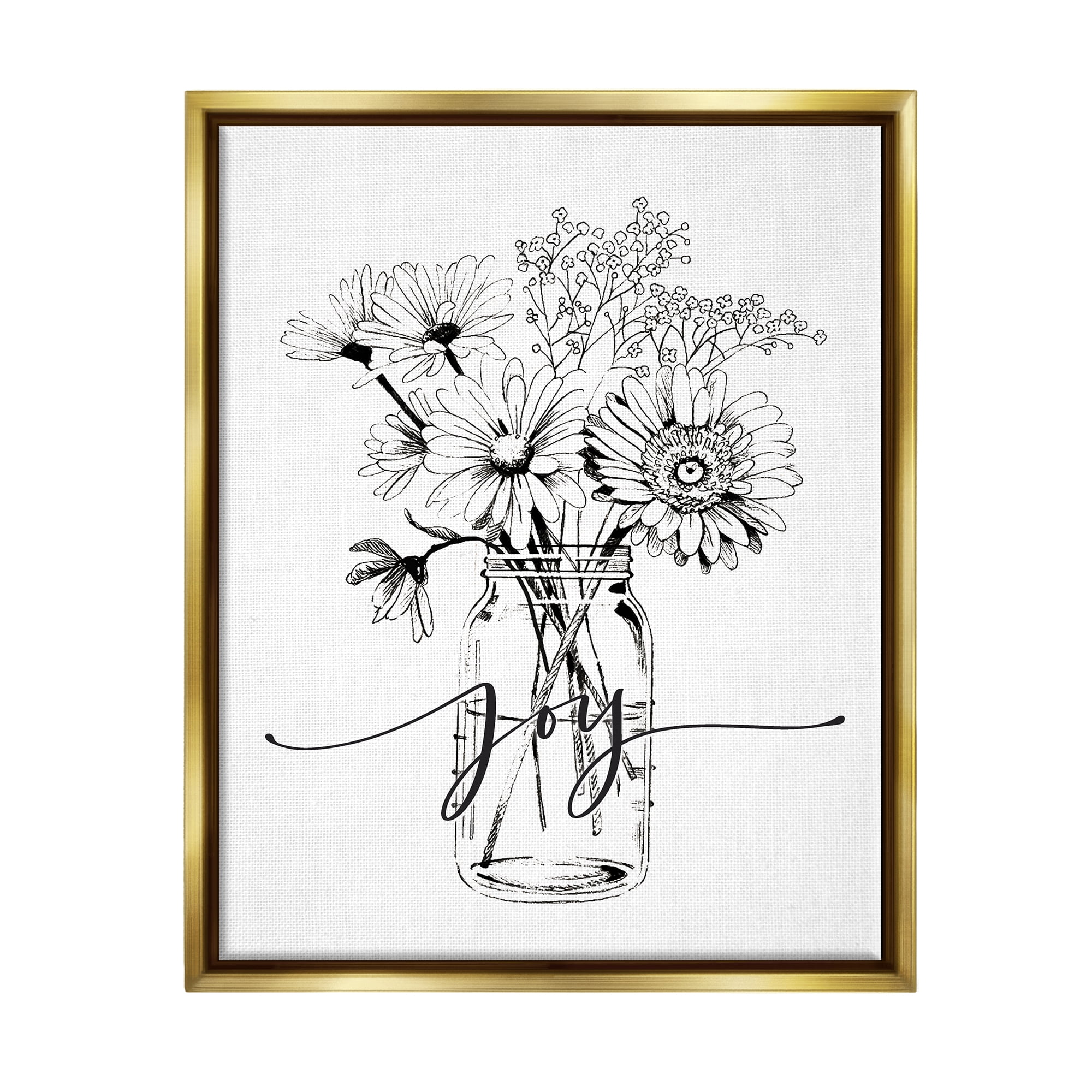 Stupell Industries Joy Text Daisies Bouquet Detailed Line Design Graphic Art Metallic Gold Floating Framed Canvas Print Wall Art, Design by Lettered and Lined