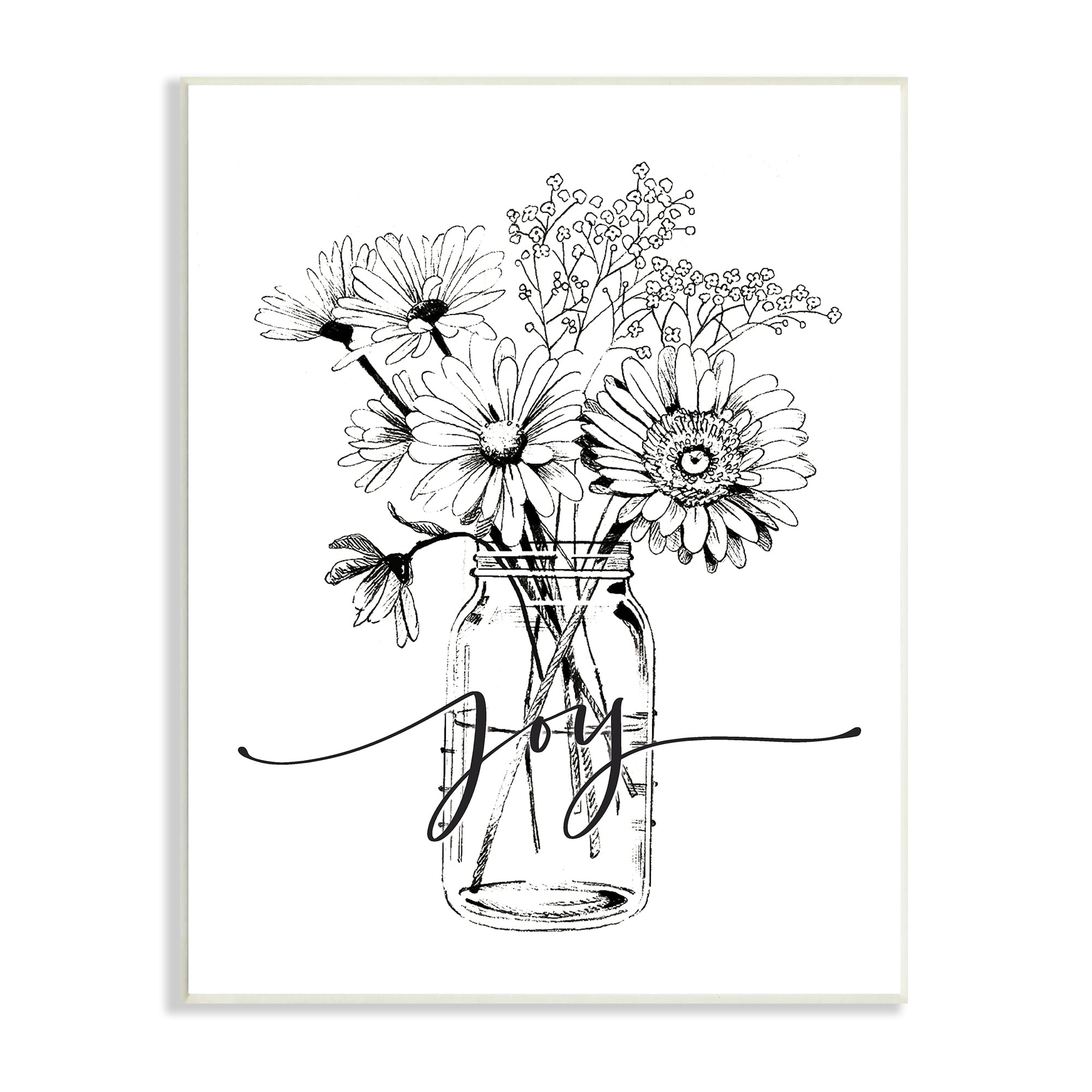 Stupell Industries Joy Text Daisies Bouquet Detailed Line Design Graphic Art Unframed Art Print Wall Art, Design by Lettered and Lined