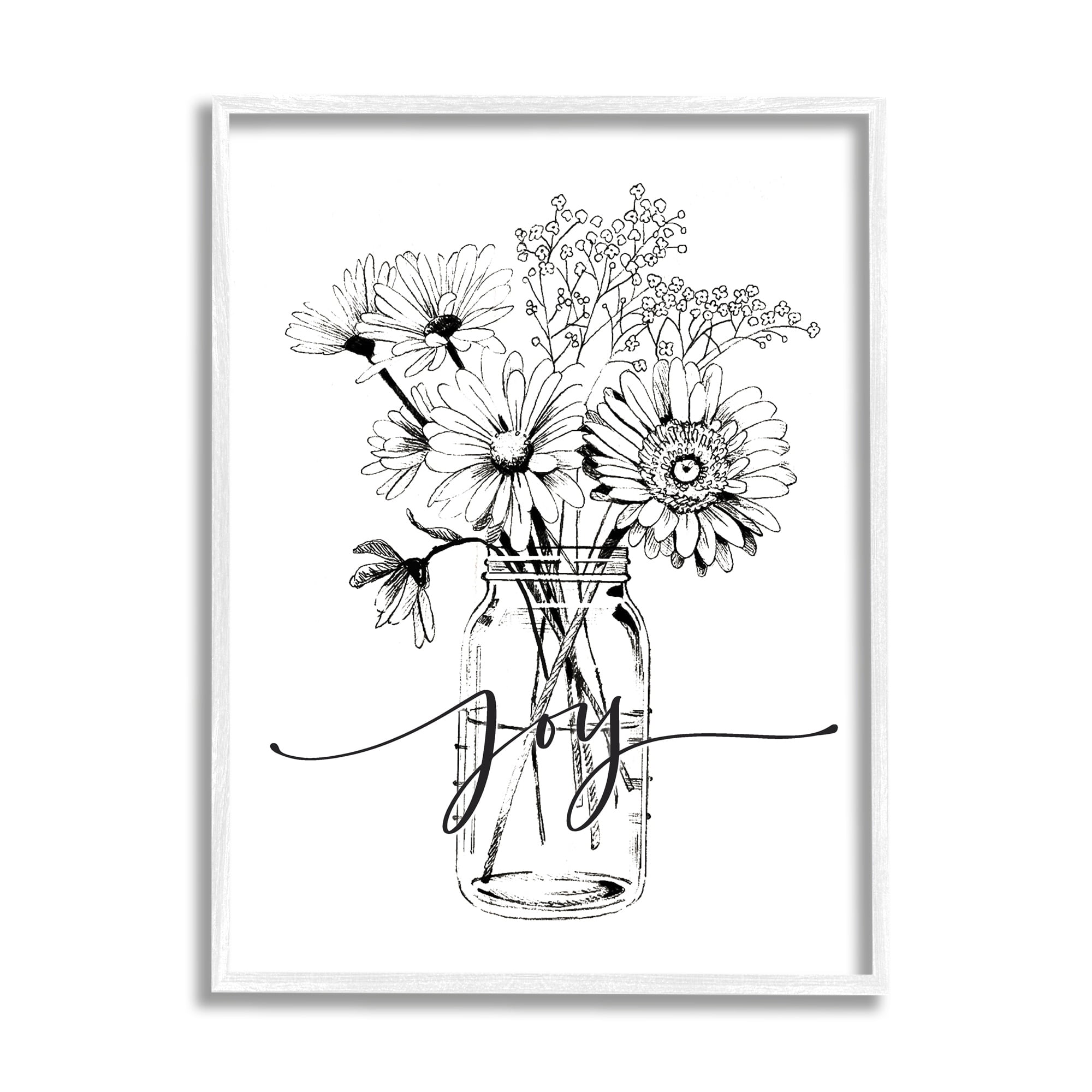 Stupell Industries Joy Text Daisies Bouquet Detailed Line Design Graphic Art White Framed Art Print Wall Art, Design by Lettered and Lined