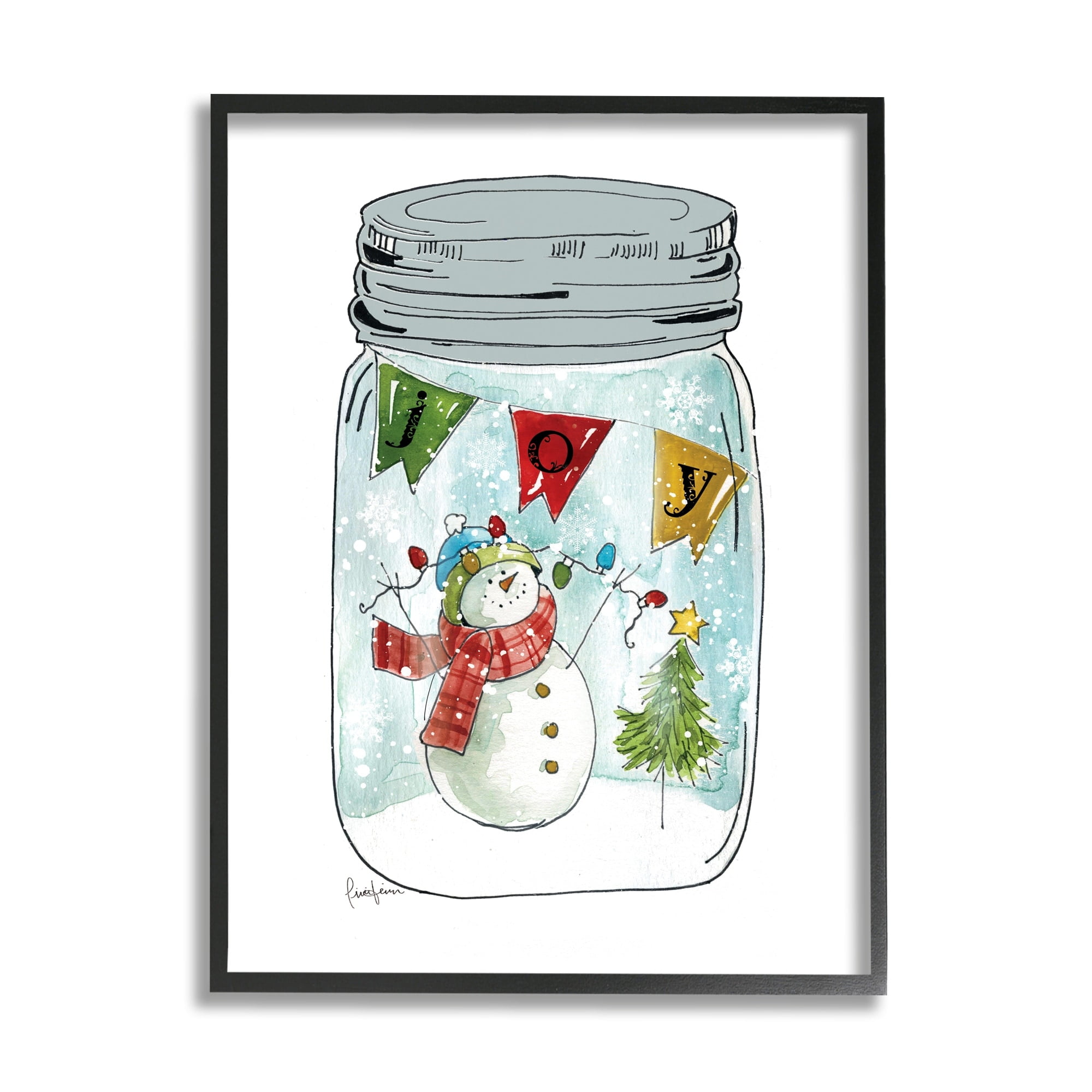 Stupell Industries Joy Text Snowman Christmas Tree Lights Country Jar, 11 x 14, Design by Livi Finn