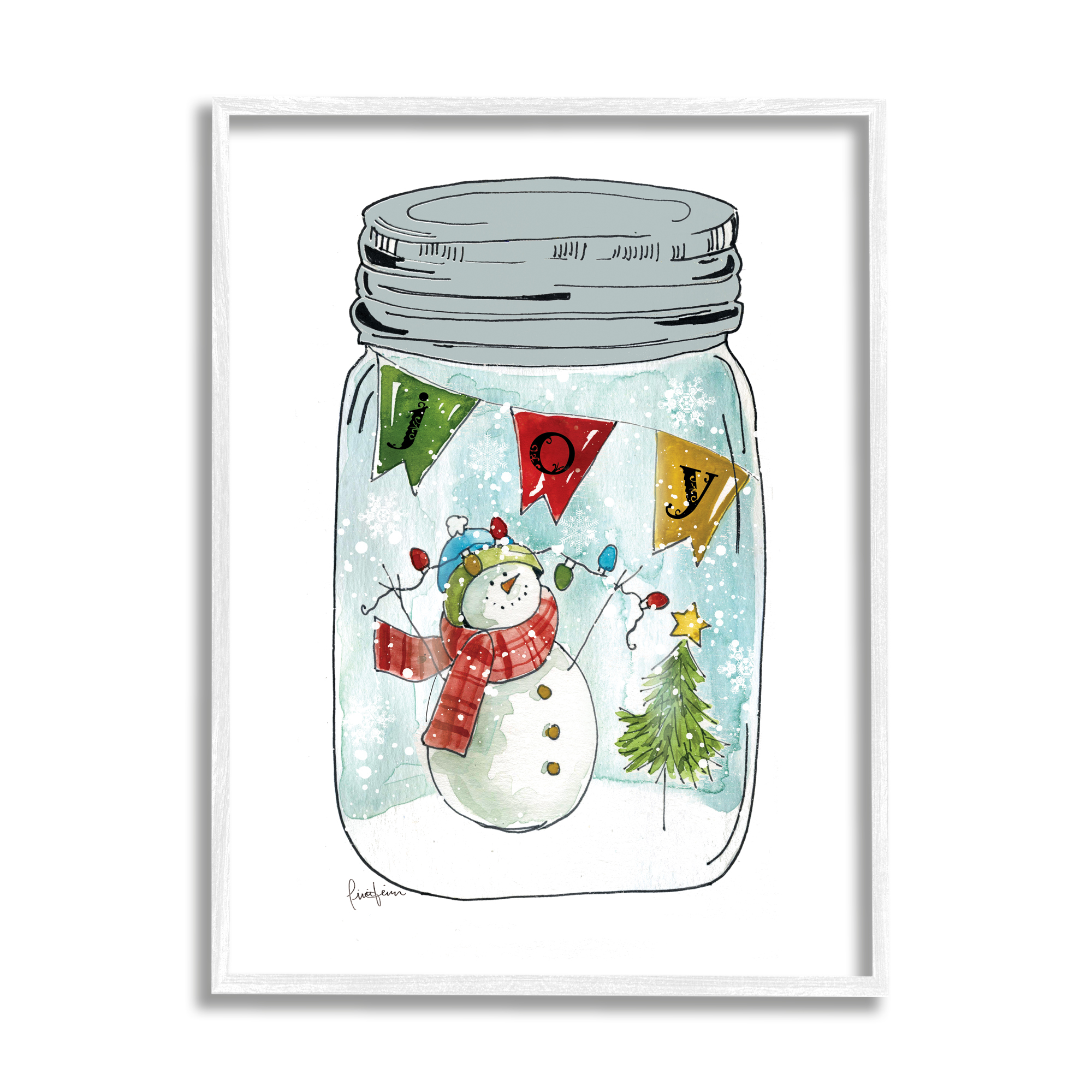 Stupell Industries Joy Text Snowman Christmas Tree Lights Country Jar, 11 x 14, Design by Livi Finn
