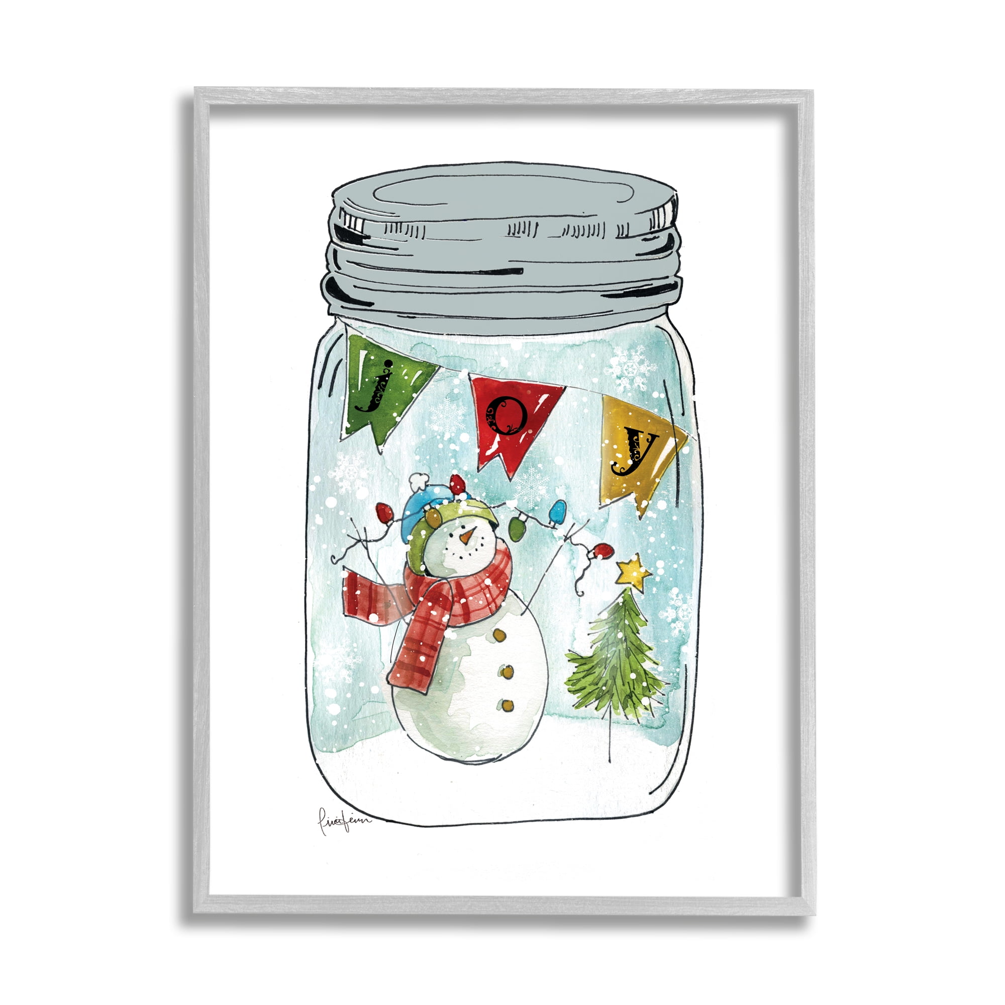 Stupell Industries Joy Text Snowman Christmas Tree Lights Country Jar, 16 x 20, Design by Livi Finn