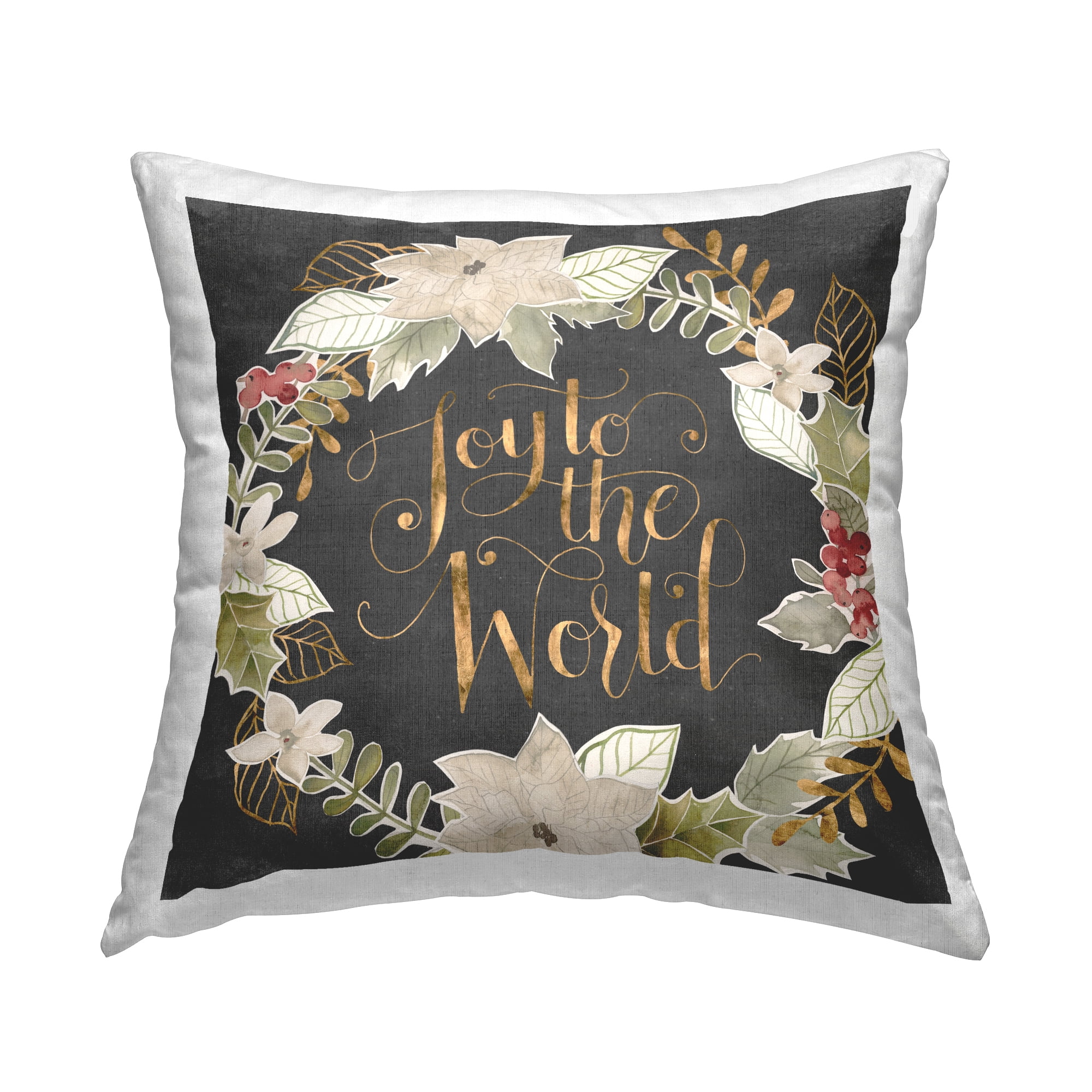 Stupell Industries Joy To The World Chic Christmas Holly Wreath Design by Grace Popp Throw Pillow