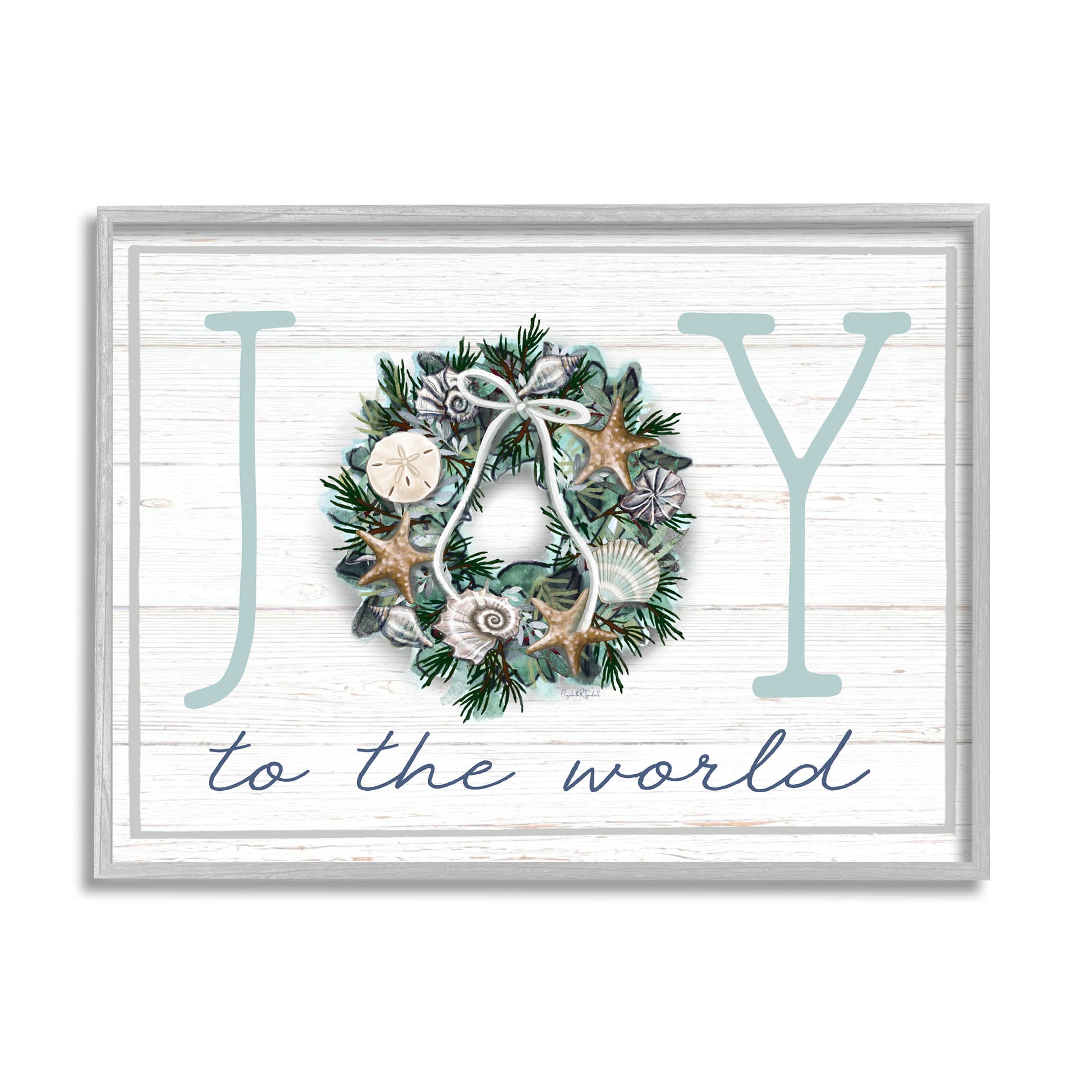 Stupell Industries Joy To The World Nautical Wreath Graphic Art Gray Framed Art Print Wall Art, Design by Elizabeth Tyndall