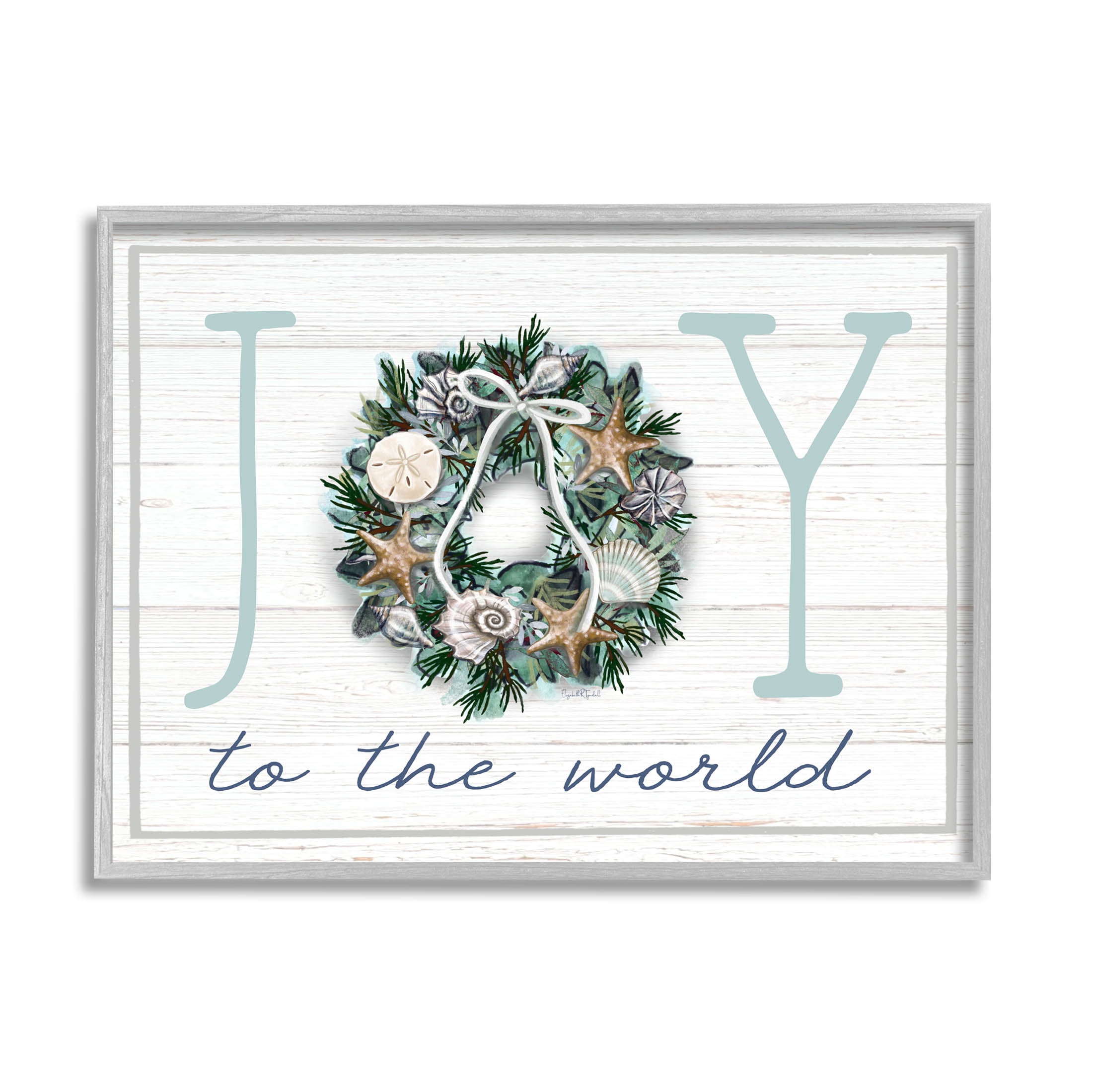 Stupell Industries Joy To The World Nautical Wreath Graphic Art Gray Framed Art Print Wall Art, Design by Elizabeth Tyndall