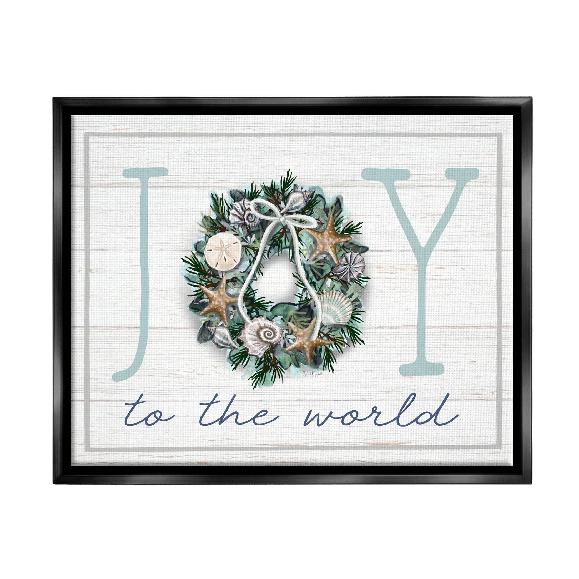 Stupell Industries Joy To The World Nautical Wreath Graphic Art Jet Black Floating Framed Canvas Print Wall Art, Design by Elizabeth Tyndall