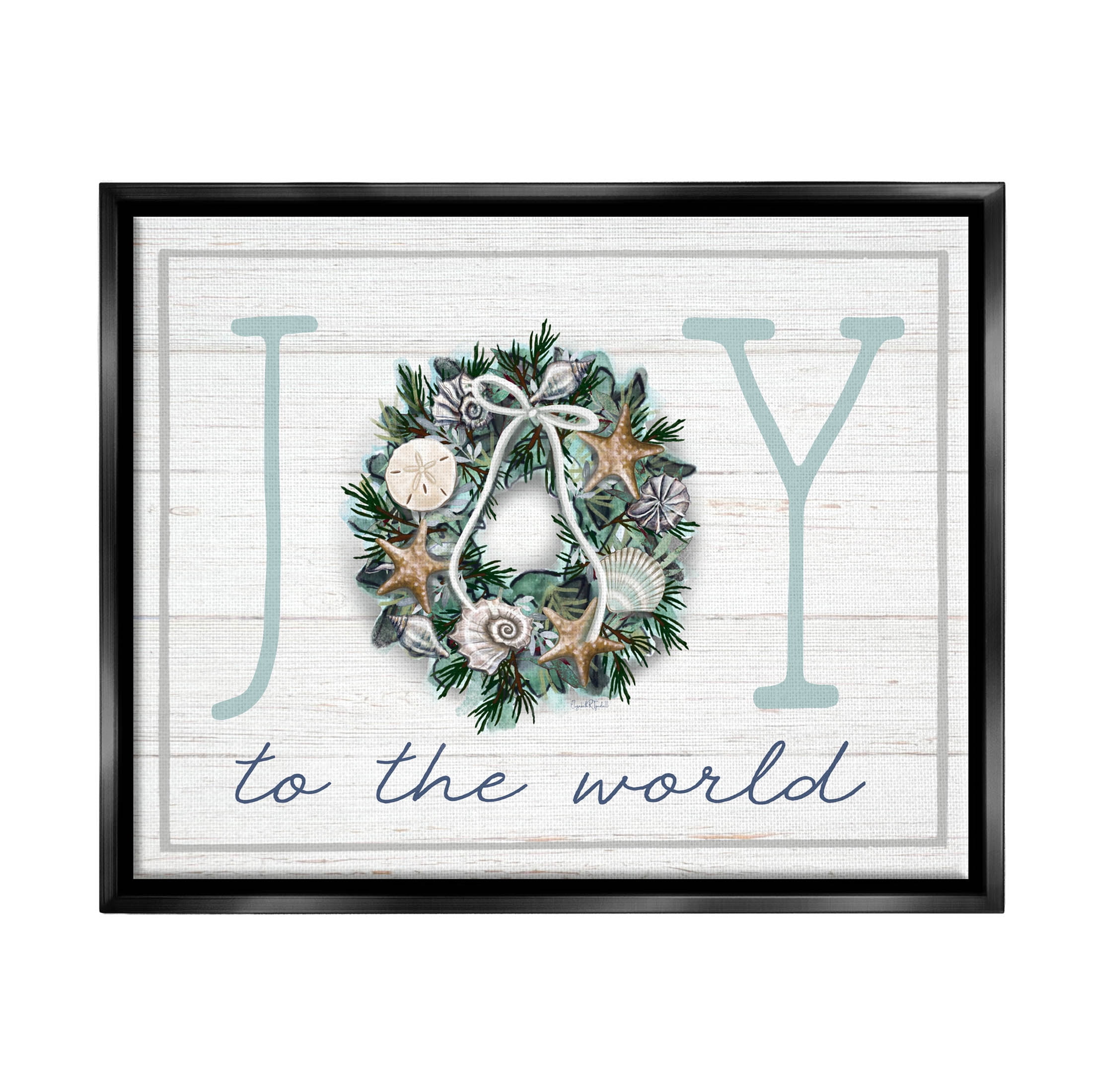 Stupell Industries Joy To The World Nautical Wreath Graphic Art Jet Black Floating Framed Canvas Print Wall Art, Design by Elizabeth Tyndall