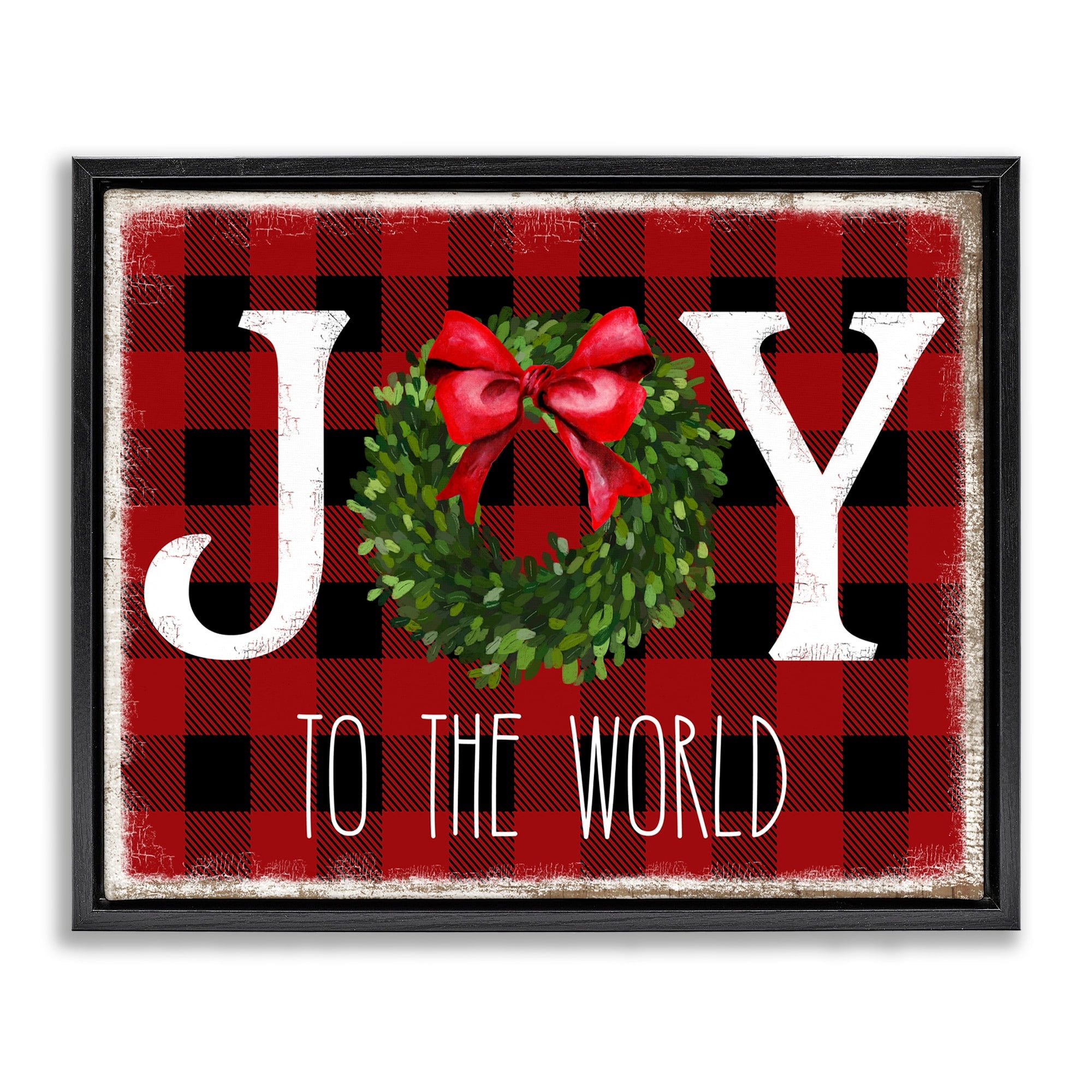Stupell Industries Joy To World Christmas Charm Buffalo Plaid Jet Black Framed Floating Canvas Wall Art, 24x30, by Deborah Brown