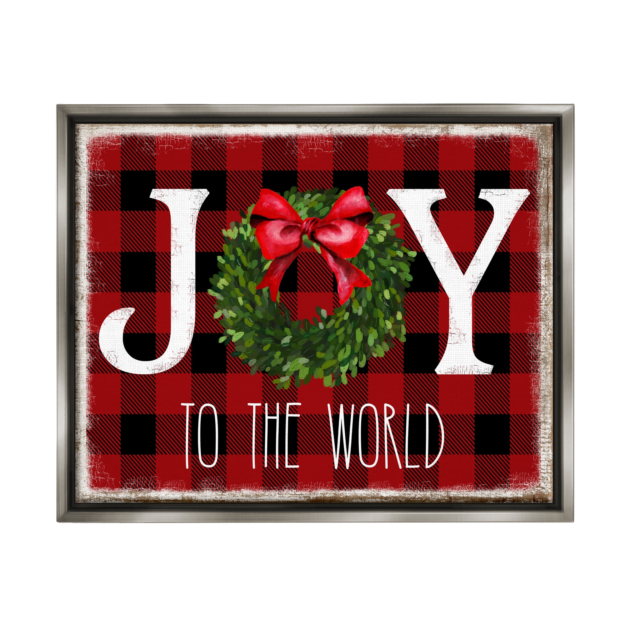 Stupell Industries Joy To World Christmas Charm Buffalo Plaid Luster Gray Framed Floating Canvas Wall Art, 16x20, by Deborah Brown