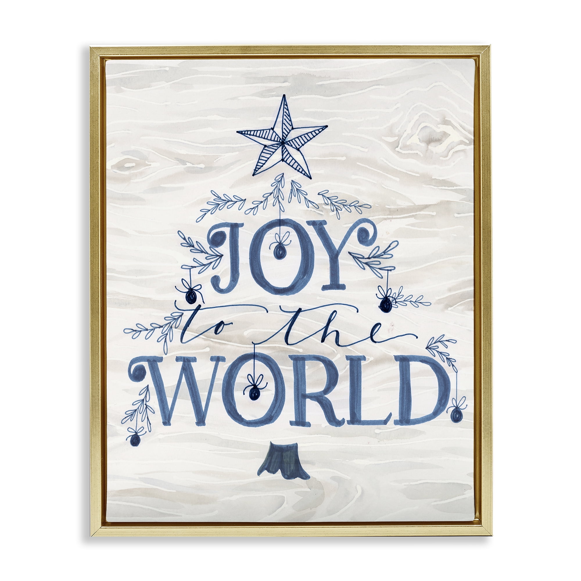 Stupell Industries Joy To World Tree Holiday Painting Gold Floater Framed Canvas Art Prints Wall Art, 25 x 31
