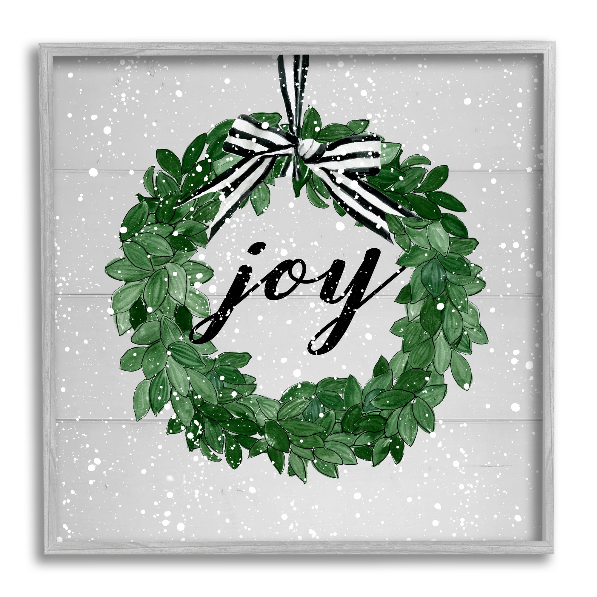 Stupell Industries Joy Wreath with Snow Holiday Painting Gray Framed Art Print Wall Art, 17 x 17