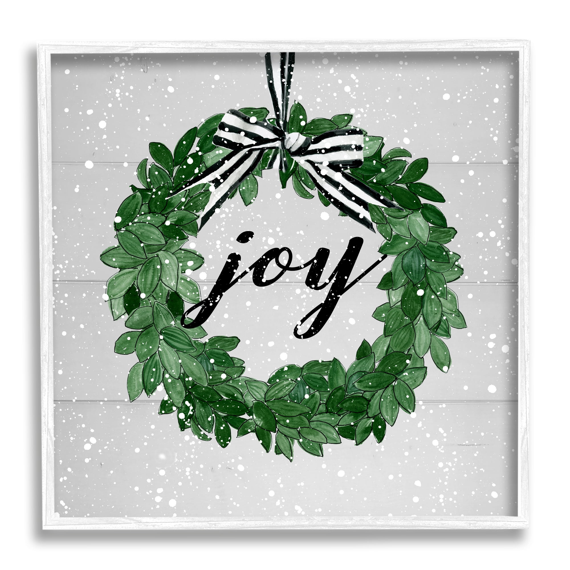 Stupell Industries Joy Wreath with Snow Holiday Painting White Framed Art Print Wall Art, 12 x 12