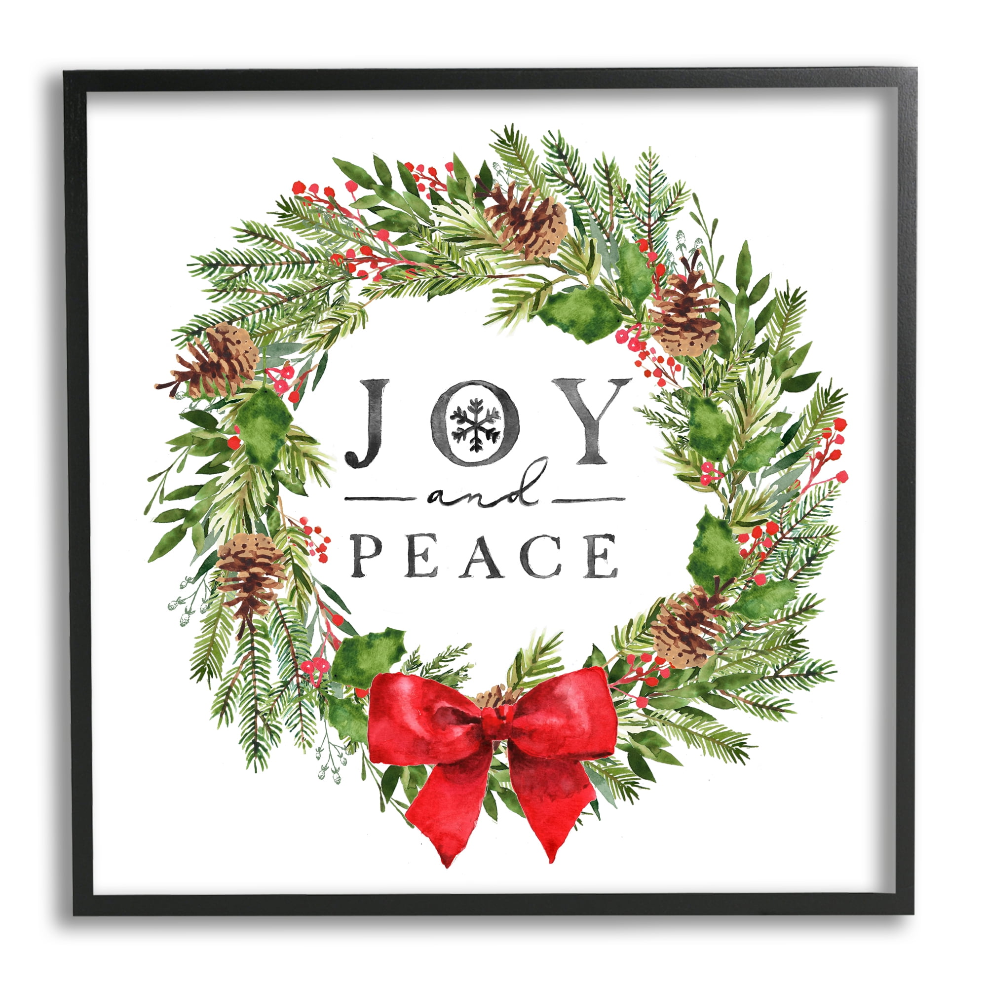 Stupell Industries Joy and Peace Holiday Phrase Winter Pine Wreath Botanical & Floral Painting Black Framed Art Print Wall Art, 24 x 24