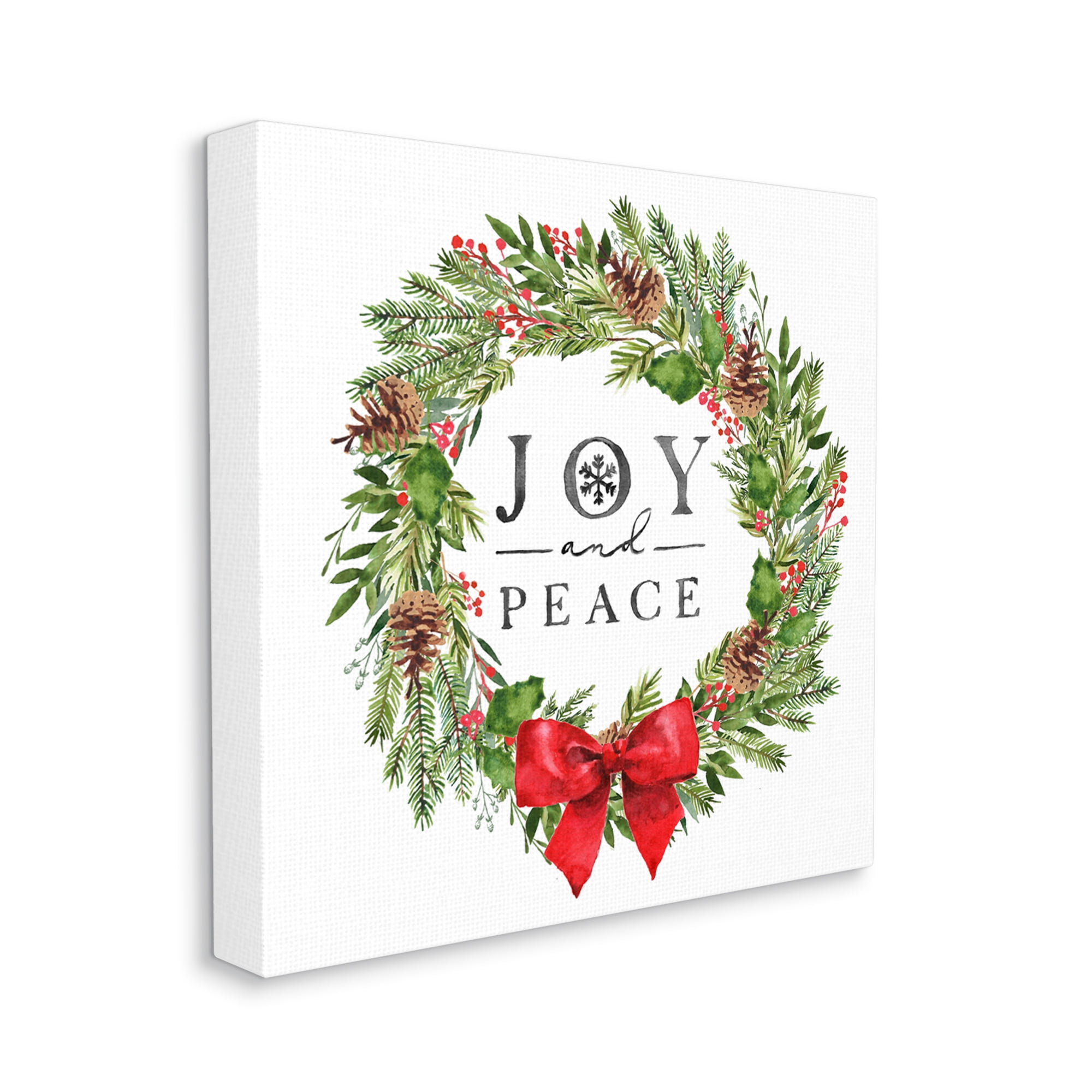 Stupell Industries Joy and Peace Holiday Phrase Winter Pine Wreath Botanical & Floral Painting Gallery Wrapped Canvas Print Wall Art, 24 x 24