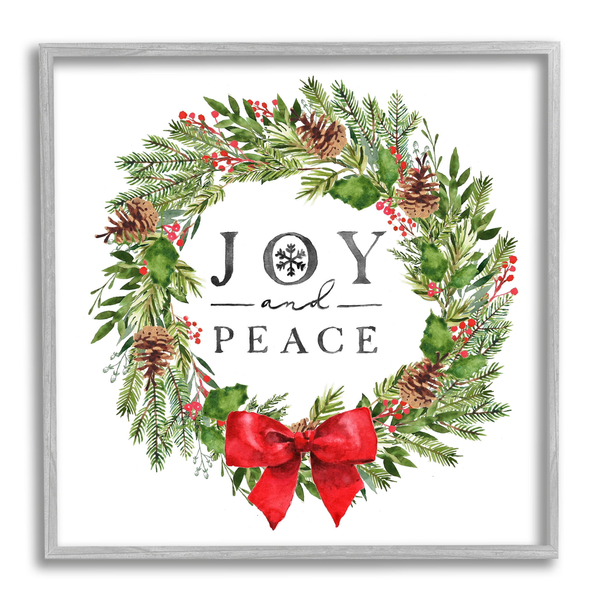 Stupell Industries Joy and Peace Holiday Phrase Winter Pine Wreath Botanical & Floral Painting Gray Framed Art Print Wall Art, 12 x 12